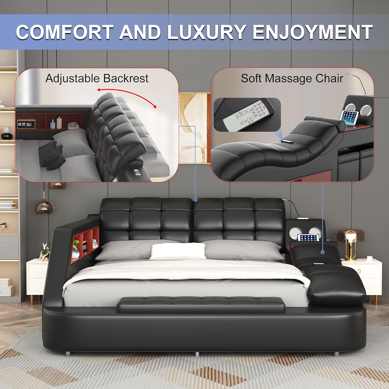 King Size Smart Multifunctional Bed Frame, Platform Bed with Massage Recliner, Bluetooth Speaker, USB Charging, Multifuncion Storage Drawers, Leather Headboard, Easy Assembly, Black