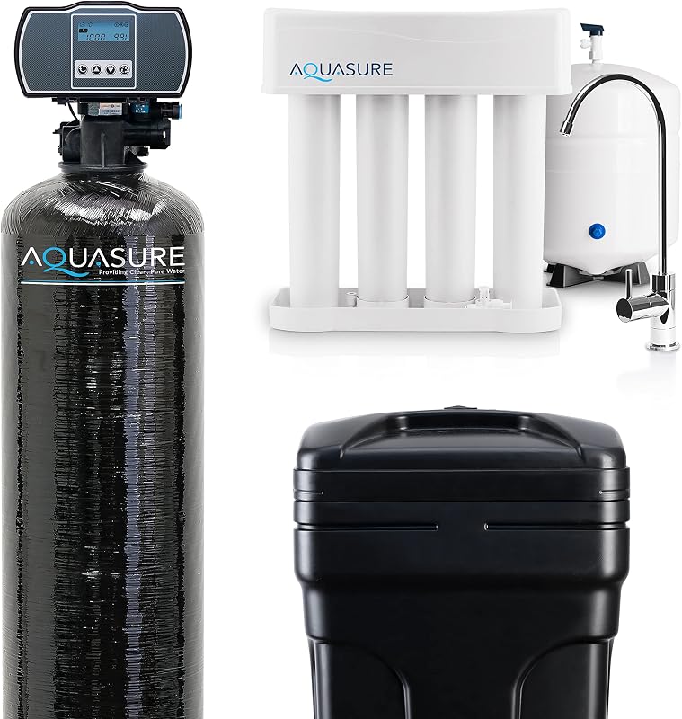 Aquasure Paquete de filtro de agua para toda la casa de 48.000 granos con suavizante de control medido digital automático y sistema de bebida de ósmosis inversa RO de 75 GPD | Elimina la dureza | Ideal para 3-4 baños