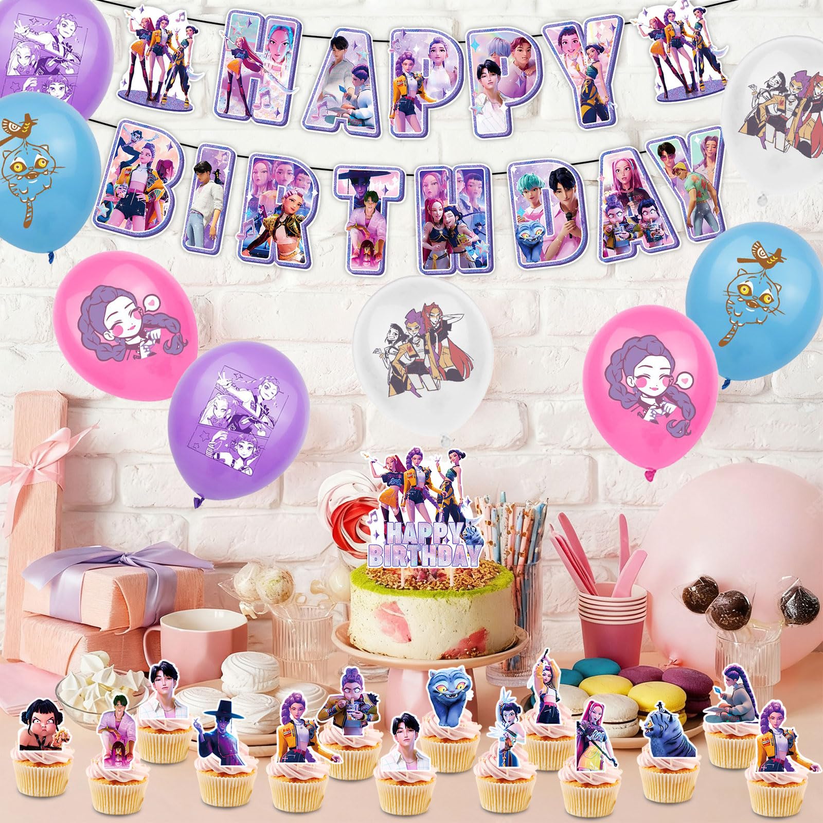 42pcs Set Decorazioni Festa di Compleanno Kpop Demo, Tema Cartone Animato con Banner, Palloncini e Topper per Cupcake per Feste di Bambini