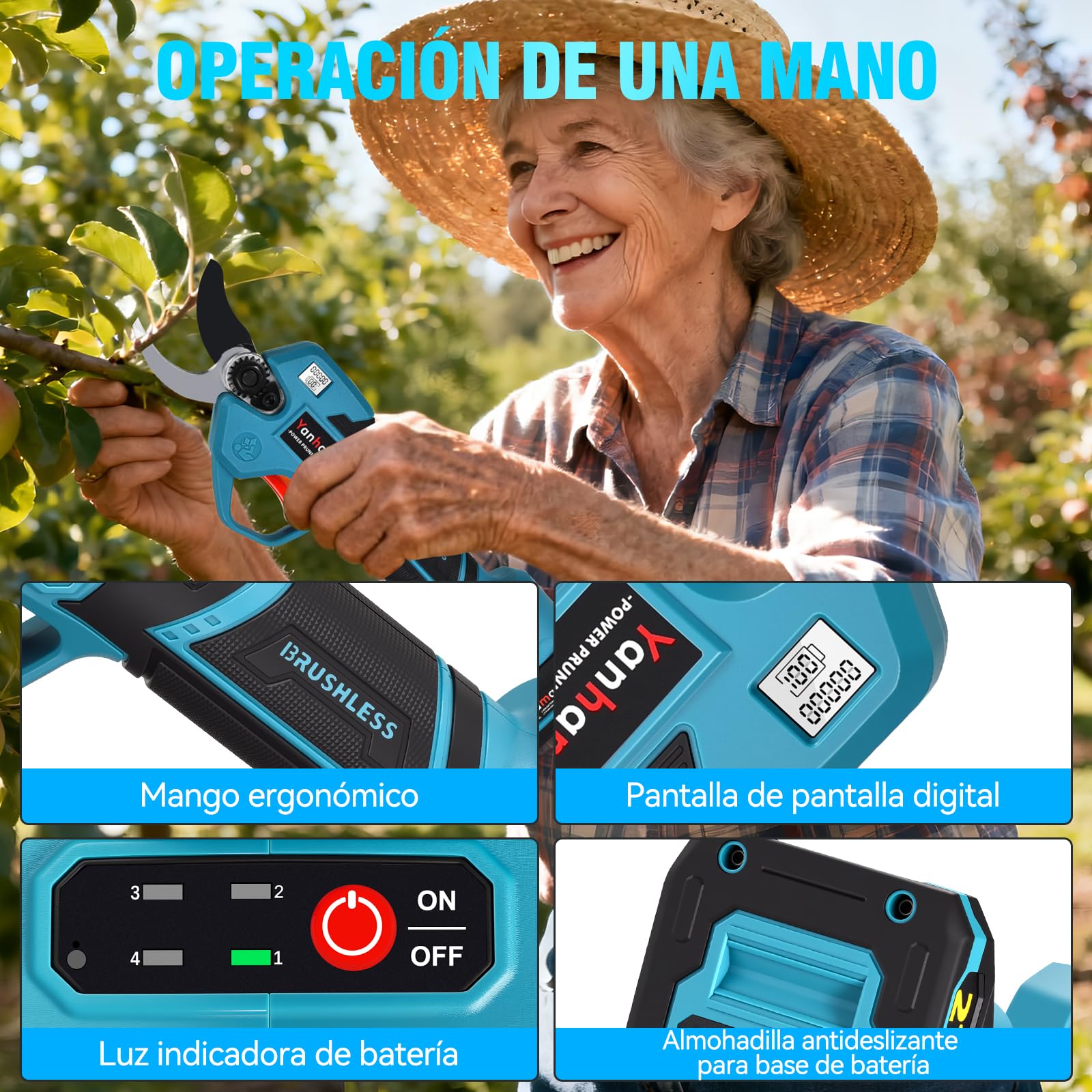 Tijeras de Podar Electricas 50 mm Tijeras de Podar Batería profesionales con 2 * 2000 mAh, Hoja SK5, Motor sin Escobillas, Pantalla LCD para Jardinería, Árboles Frutales, Viñedos