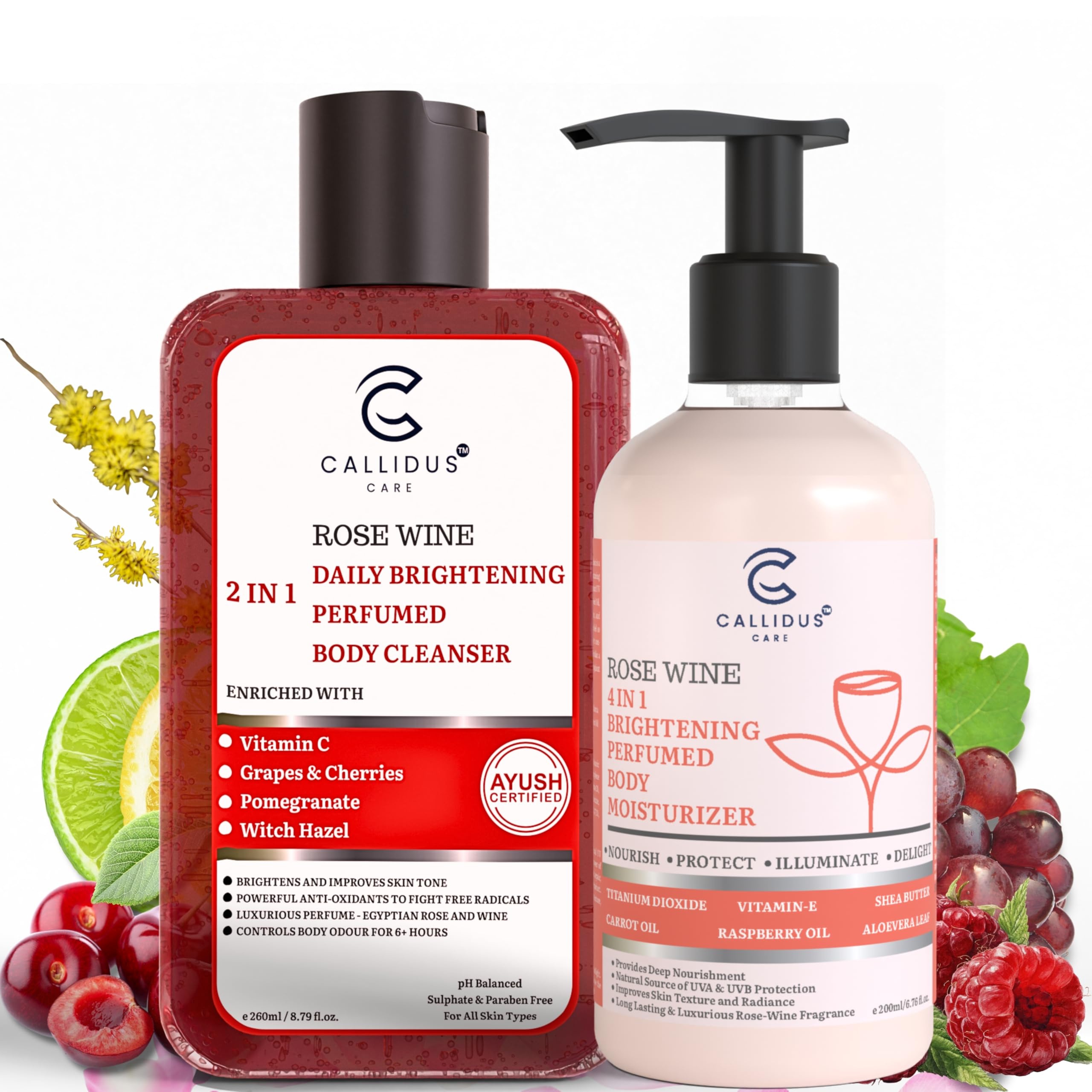 Callidus Care Rose Wine Brightening Body Care Combo – Perfumed Shower Gel (260ml) + 4-in-1 Body Moisturizer (200ml) with Vitamin C, Grapes, Cherry & Pomegranate | Skin Brightening, Even Tone & Long-Lasting Fragrance-image-46