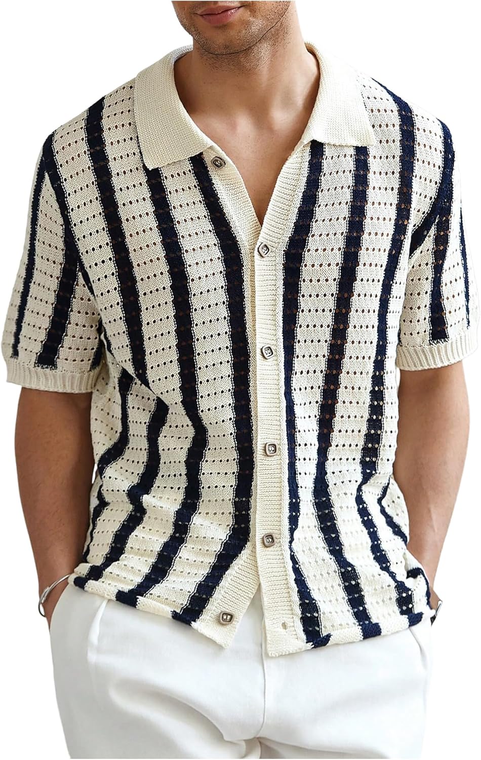 BEAUDRM Men's Striped Crochet Shirts Hollow Out Button Down Shirts Knit Short Sleeve Casual Vacation Top
