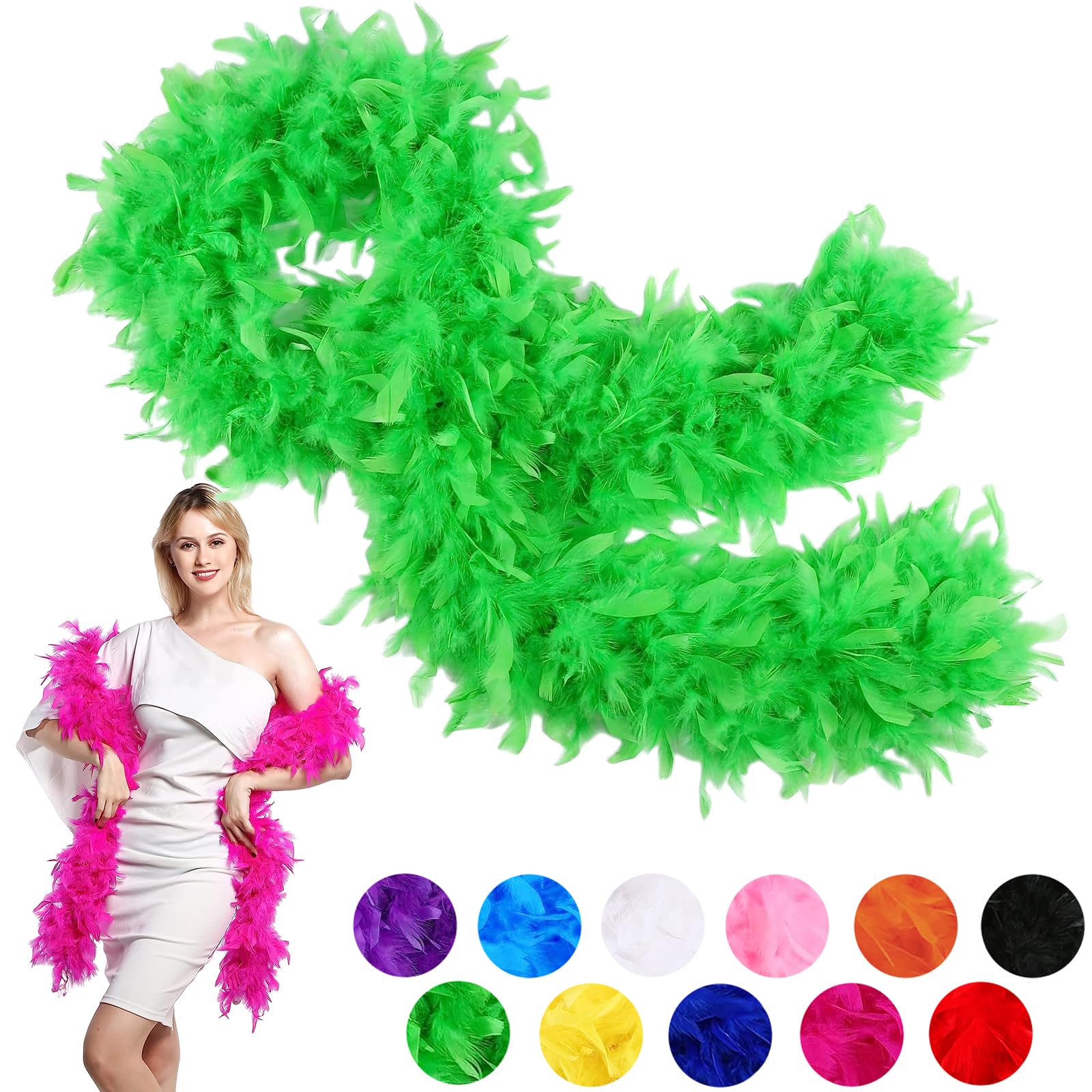 80g Green Feather Boa Thick Fancy Dress for Adults,Kids,2m/6.6ft Natural Turkey Feather Boa Green,Party Fluffy Boa Feather Scarffor Bulk for Women,Girls,Wedding Bachelor Halloween Christmas Party