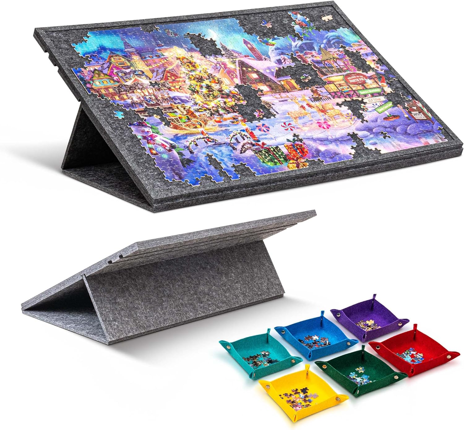 Tilting Jigsaw Puzzle Board with 2-in-1 Stand and Cover, Lightweight Felt Jigsaw Storage Table with 3 Angle Adjustable, 6 Sorting Trays for Puzzle Games Up to 1000 Pieces