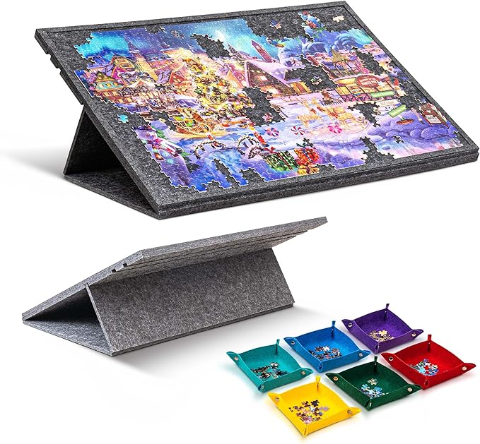 Kippbares Puzzlebrett mit 2-in-1-Ständer und Abdeckung, Leichter Filz-Puzzle-Aufbewahrungstisch, 3-stufige Neigungsverstellung, 6 Sortierfächer, geeignet für Puzzles mit 1000 Teilen