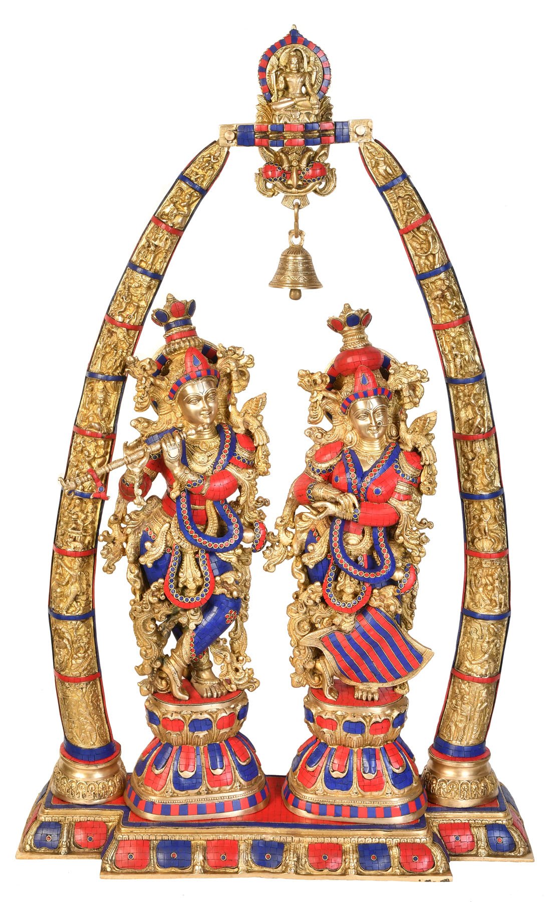 Exotic India Large Size Radha Krishna with Arch Showing Krishna Leela - Brass Statue with Inlay Work