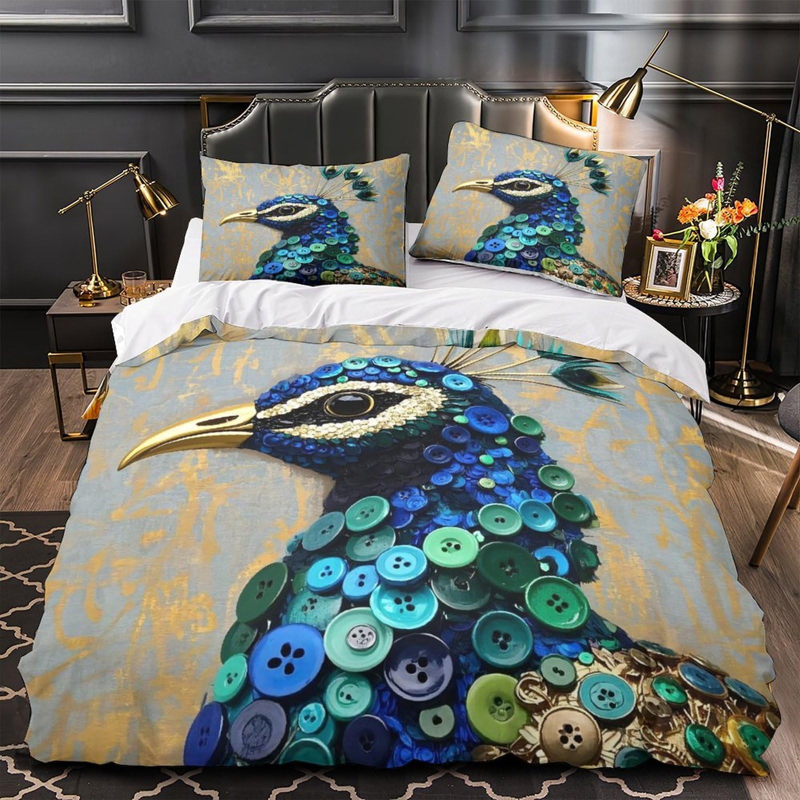 Parure de lit paon en microfibre 135x200cm avec housse de couette imprimée oiseau 3D