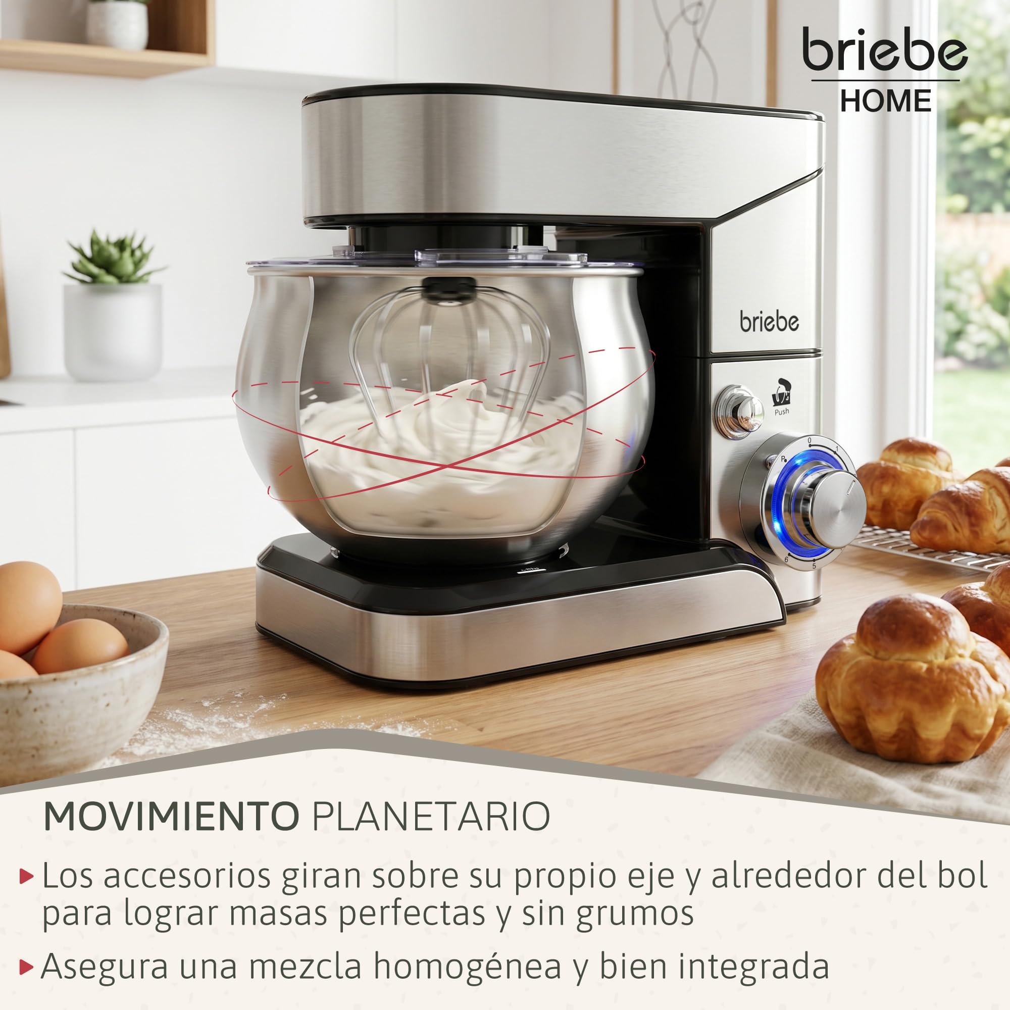 briebe Batidora Amasadora Repostería 1800W MAX, Robot Cocina Profesional, Movimiento Orbital, Varillas, Gancho Masa, Pala Mezcladora, 5 L, 6 Velocidades + Función Pulso, Inox KM1114