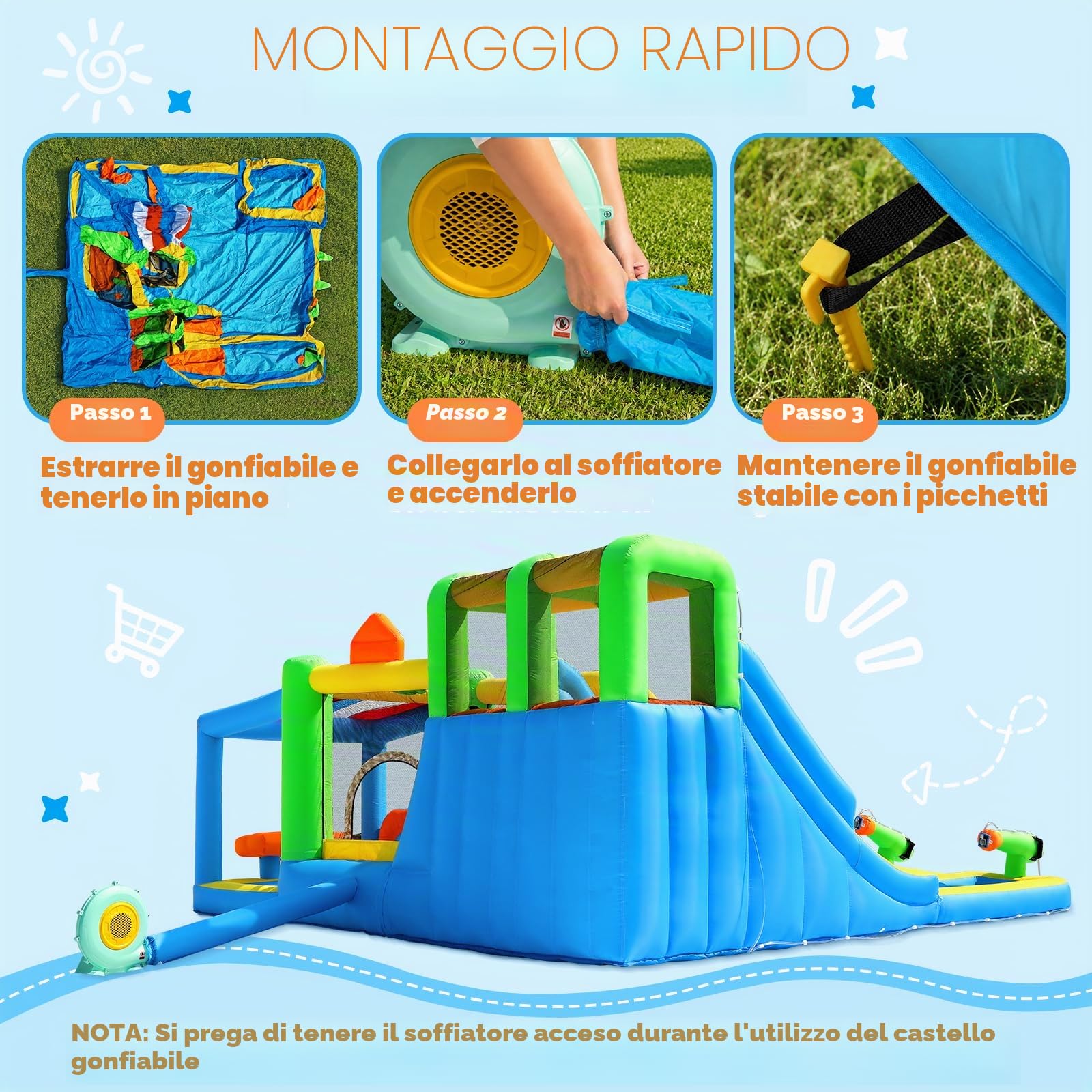 Castello Gonfiabile Grande con 2 Scivoli d’Acqua per Bambini, Parco Acquatico con Trampolino, Piscina, Canestro da Basket, Parete da Arrampicata, per Interno ed Esterno 445x403x200 cm