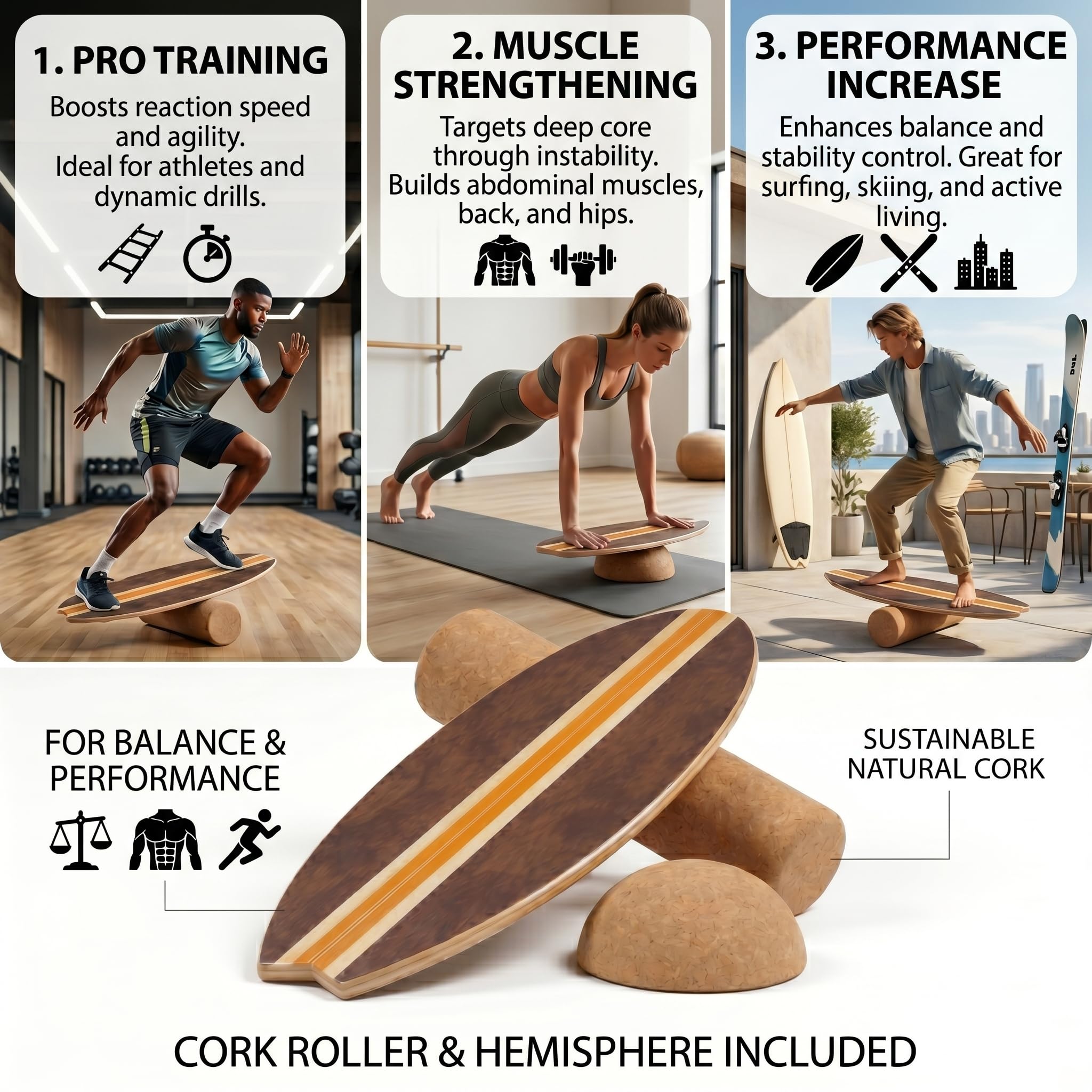 DRIFT SAVAGE 3-in-1 Balance Board Set 78cm, Premium 10-schichtiges Ahornholz für Surftraining, Fitness & Reha. inkl. Rolle & Halbkugel, max. 155kg. Schwalbenschwanz-Form.