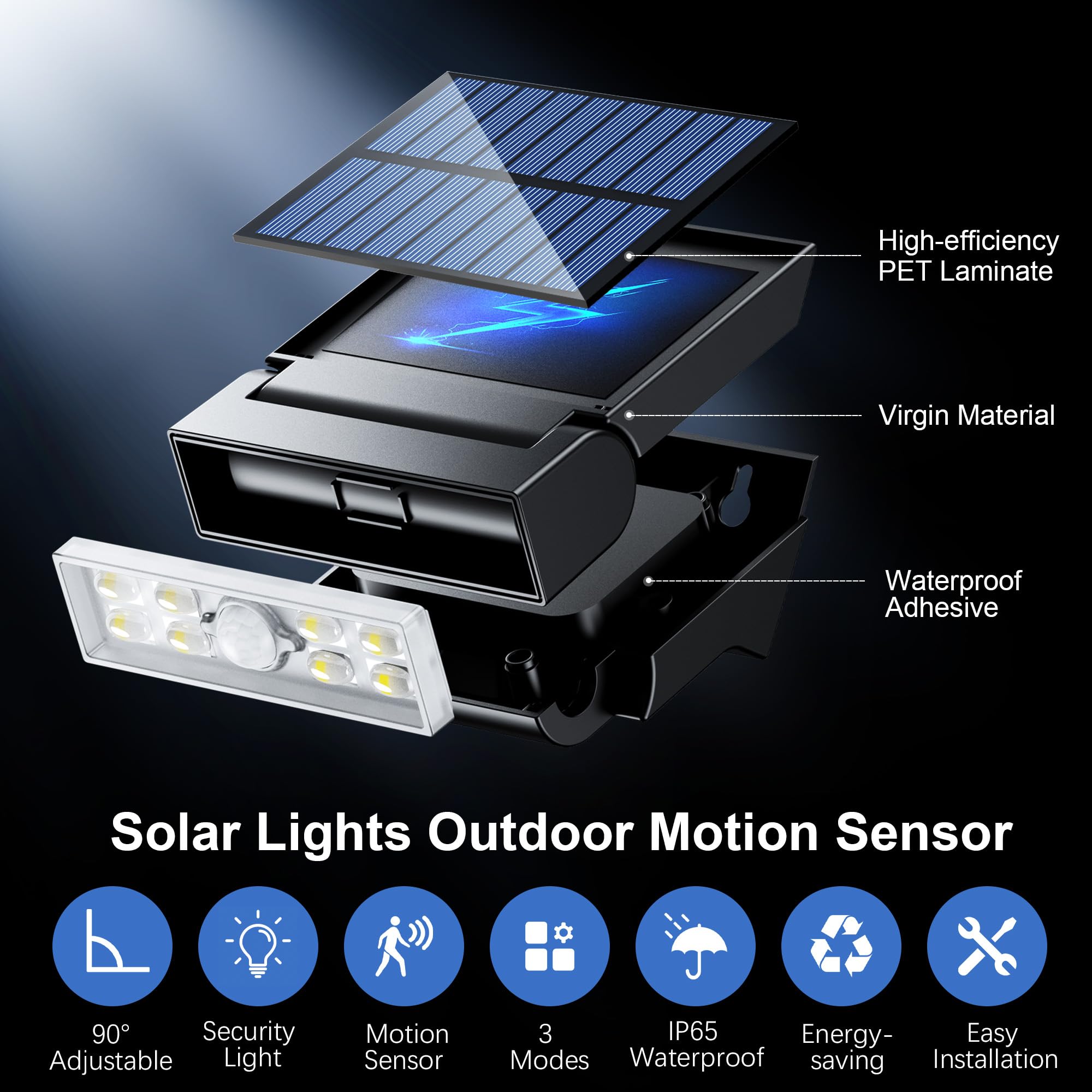 Luz Solar Exterior, 2 Paquete 90° Ajustable IP65 Impermeable Súper Brillante Foco Potente con Sensor de Movimiento, Lampara Solar para Jardín Garaje Patio