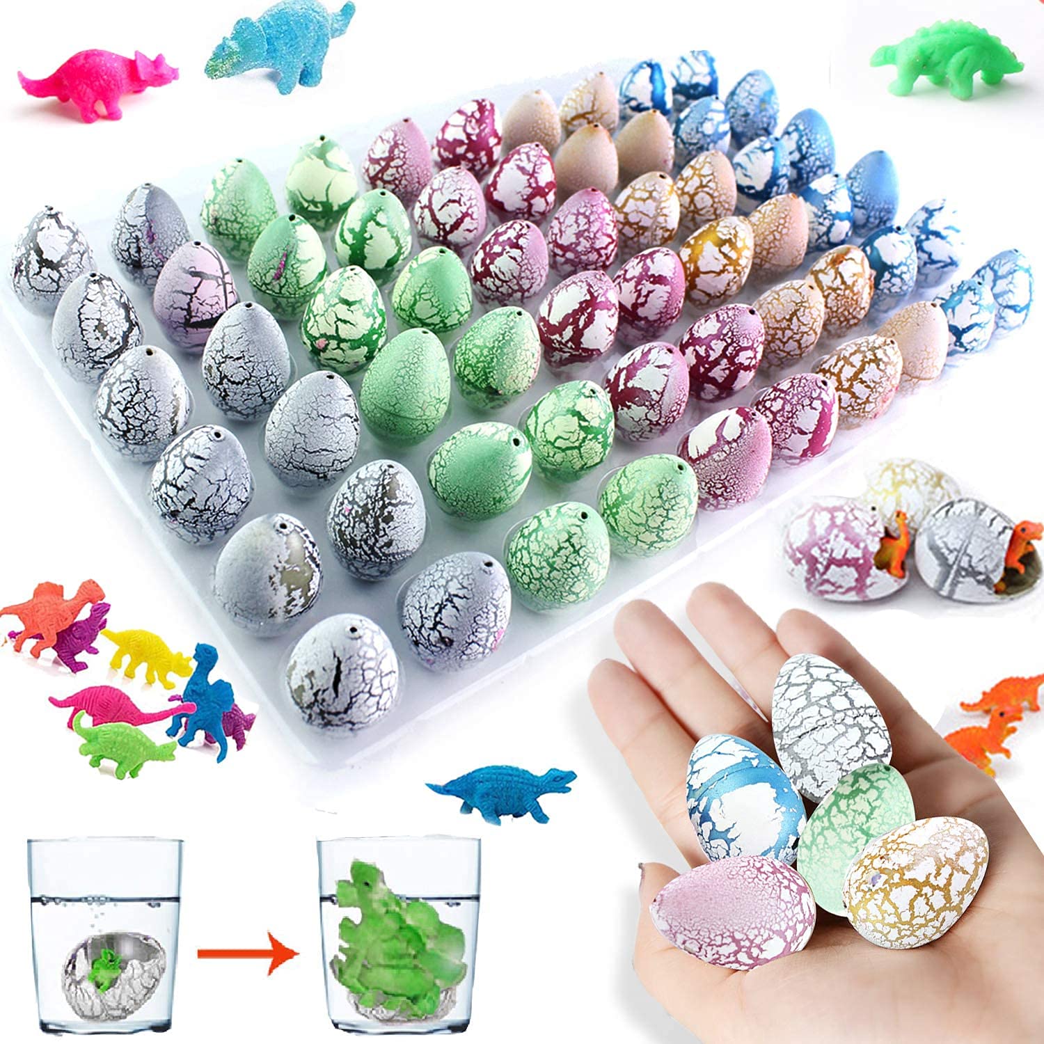 SYOSI Dinosaur Eggs Hatching Dino Egg Grow in Water Split with Assorted Color Hunting Game Birthday Gifts Party Favors for Toddler Kids 3-10 Boys Girls, 60 Pack