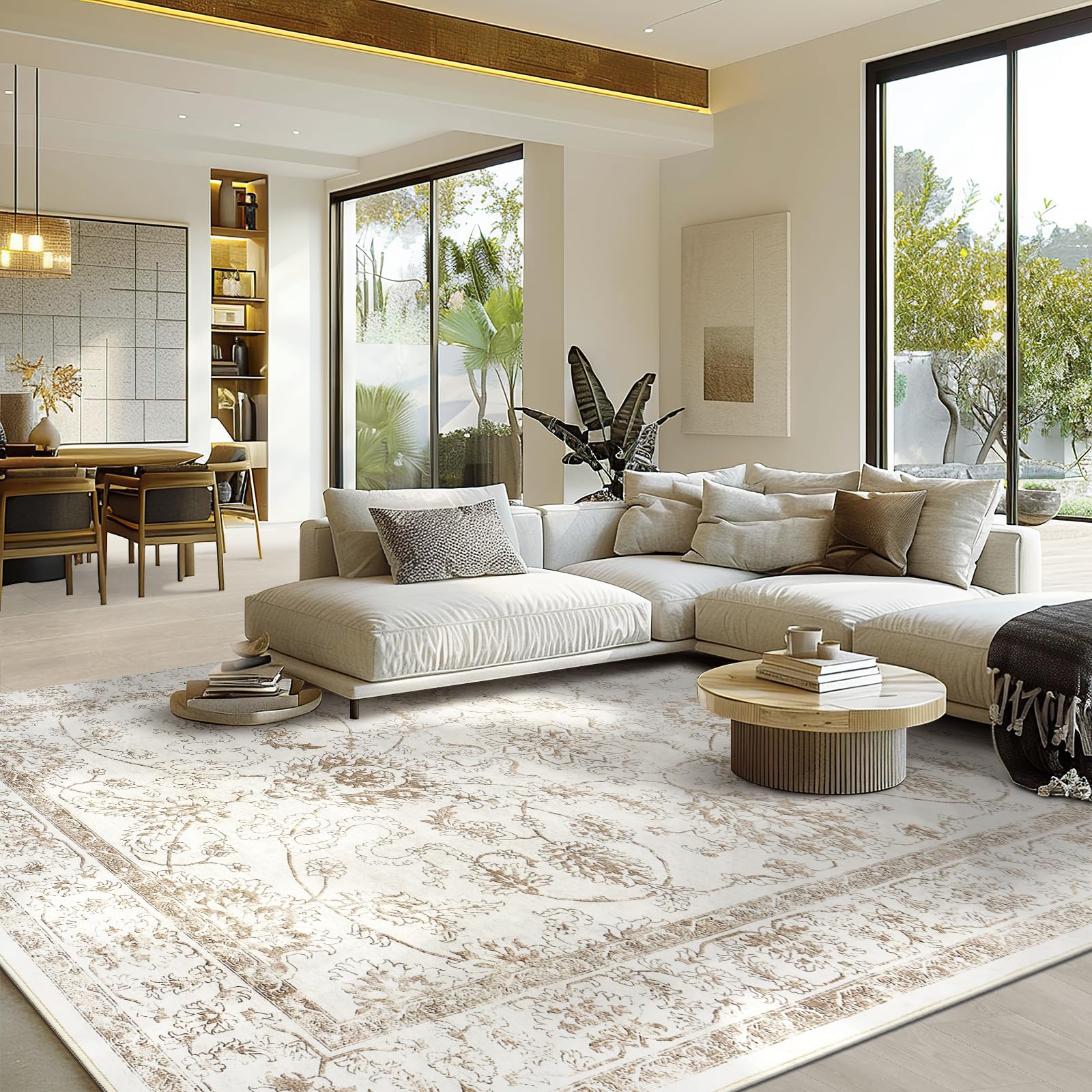 Madane Washable 6x9 Area Rugs for Living Room, Vintage Natural Rug with Non-Slip Backing, Soft Stain Resistant Throw Rugs Thin Carpet for Bedroom