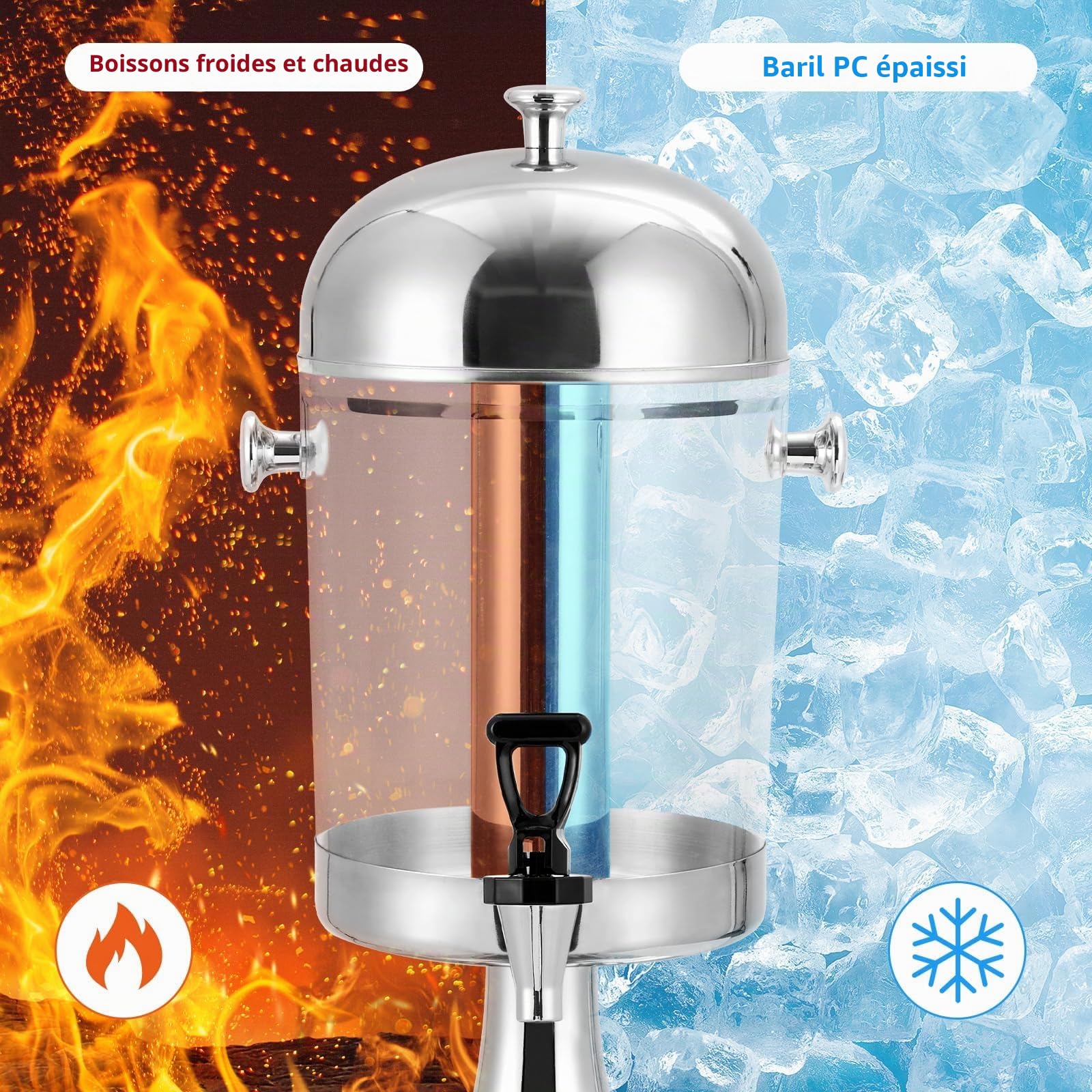 Garvee Distributeur de boissons professionnel 8L – Acier inoxydable | bac à glace, robinet, plateau égouttoir – Idéal pour jus, thé glacé, limonade, événements – Simple tête, argenté