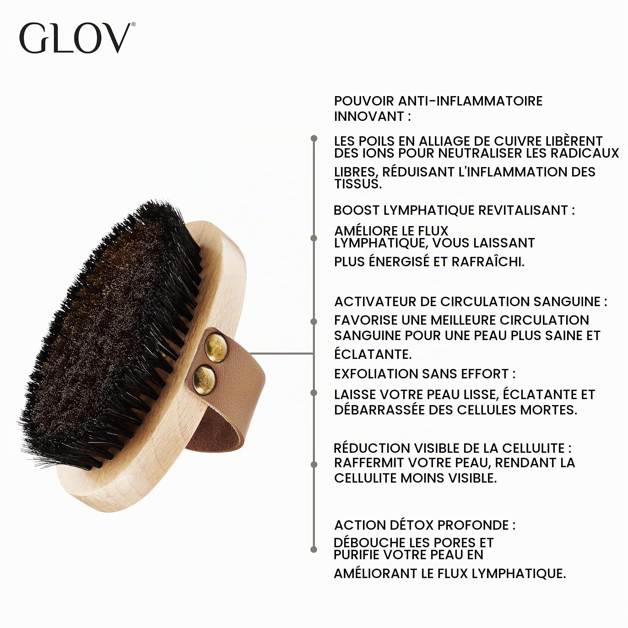 Glov Brosse À Sec Corps Anti Cellulite À Poils Naturels pour Drainage Lymphatique et Exfoliation Peau Morte Soin Quotidien Énergie et Bien-être, sèche, brossage doux