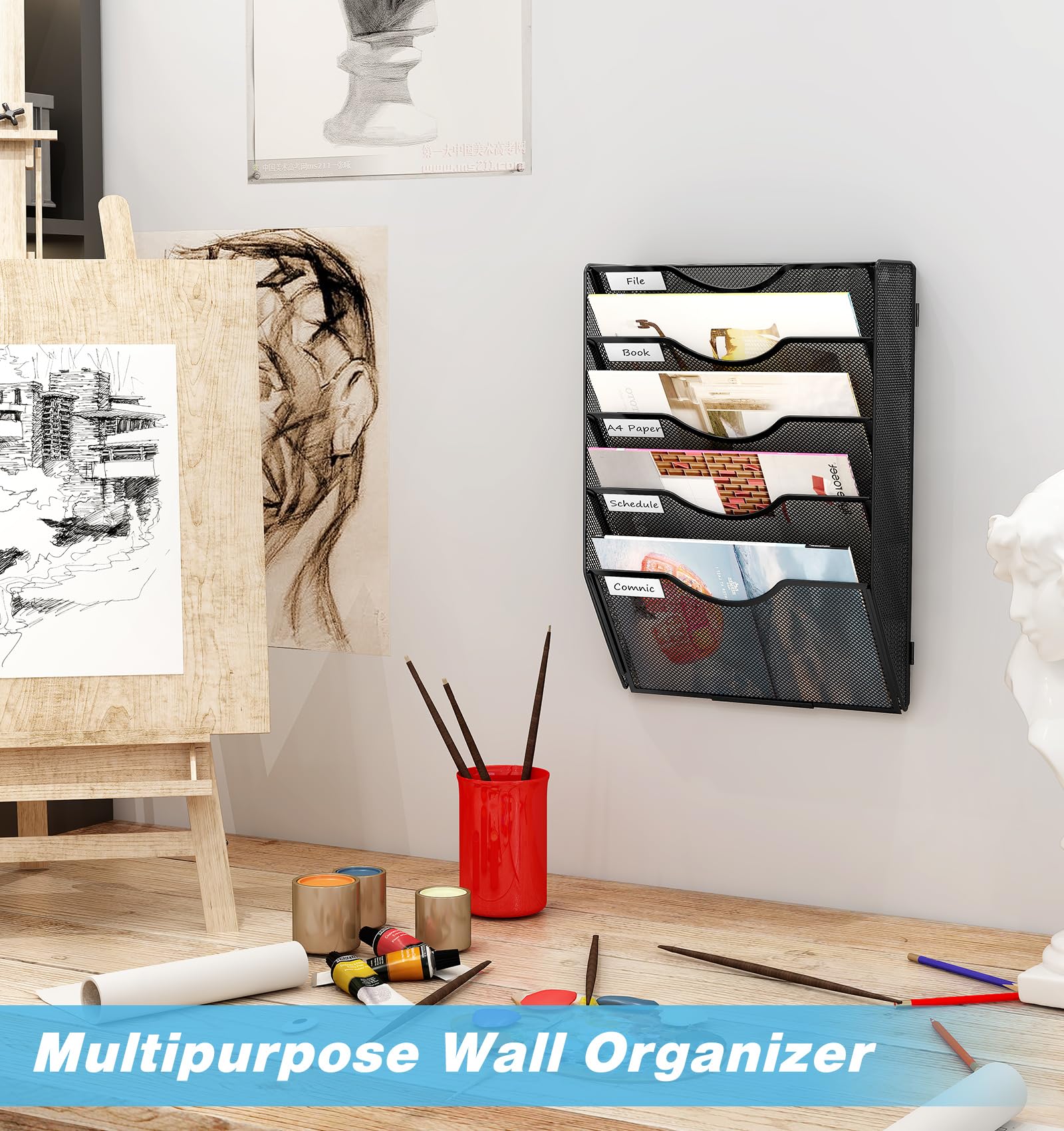 Organiseur Mural 5 Niveaux Solinxe - Porte-Documents, Magazines, Fournitures Bureau Blanc, Rangement Mural Gain De Place