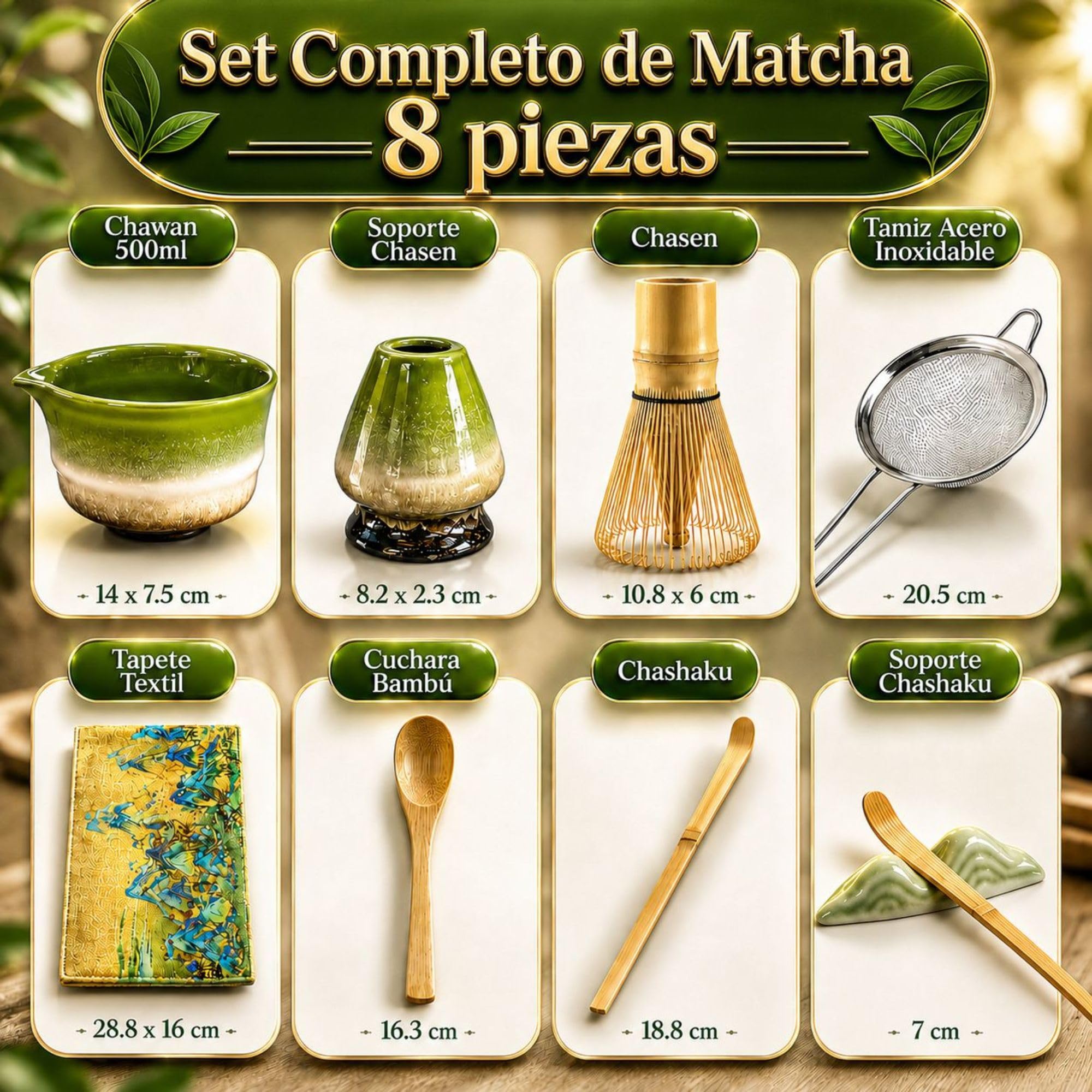 C&C Set Te Matcha Kit, 8 Piezas Premium Ecológicas Duraderas y Resistentes, Incl Ebook con Recetas Exclusivas y Manual, Batidor Matcha Colador Kit Matcha Set, Set Matcha Whisk - Kit Te Matcha Completo