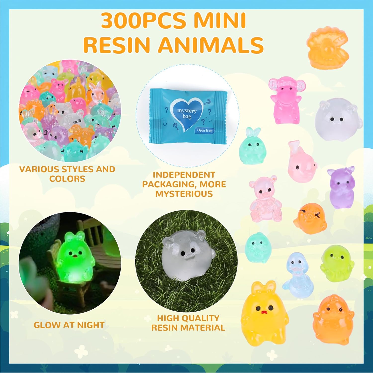300 pcs Mini Resin Animals Blind Bags, Tiny Glow in The Dark Animal Resin Models, 50+ Animal Combination Sets for Adults, Miniature Animal for Fairy Garden, Dollhouse, DIY Craft Decor