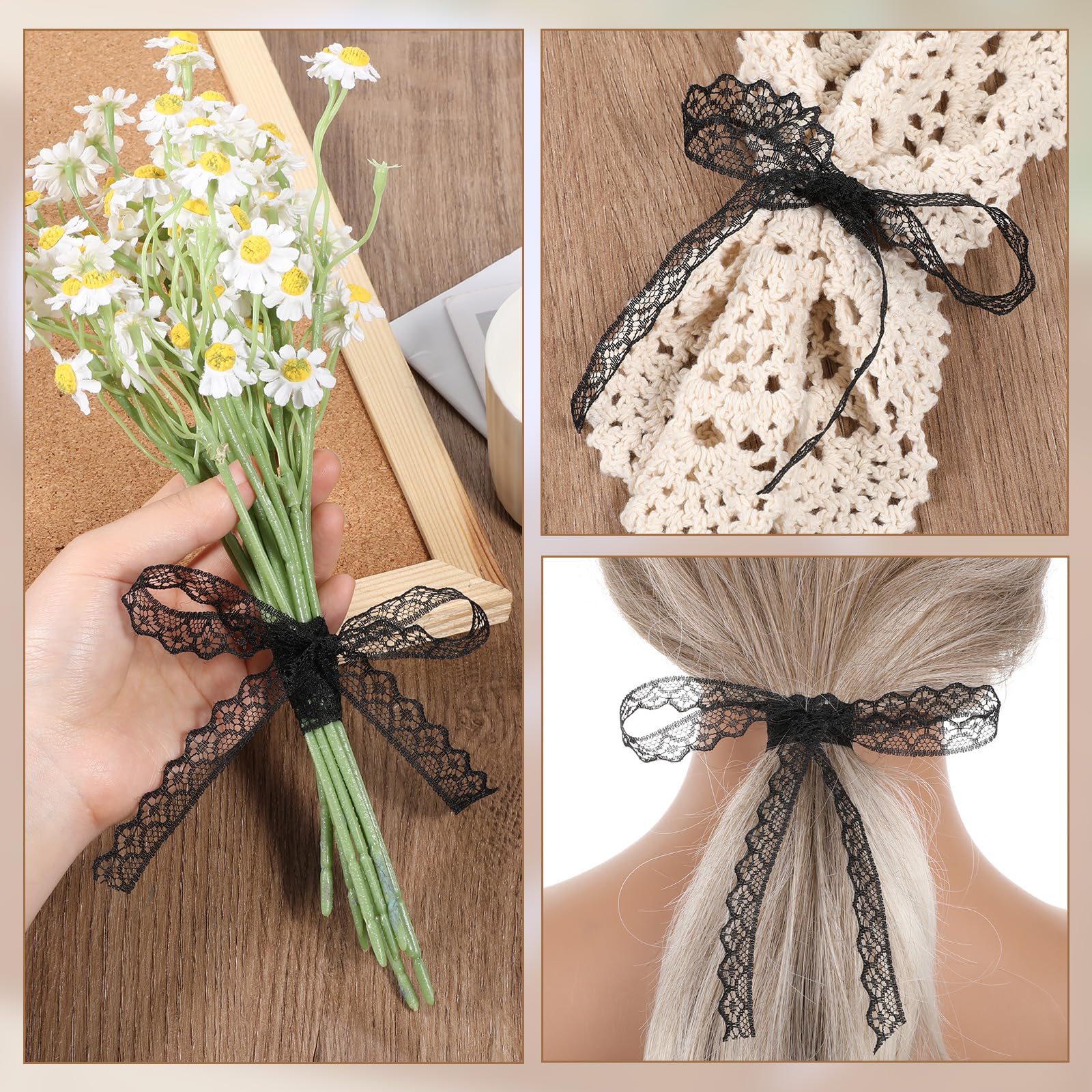 30 Yards Black Lace Ribbon Roll 0.6 Inch Wide Flower Fabric Lace Trim Roll Sewing Crafts Trim Ribbon for Wedding Decoration, Bouquet, and Gift Packaging