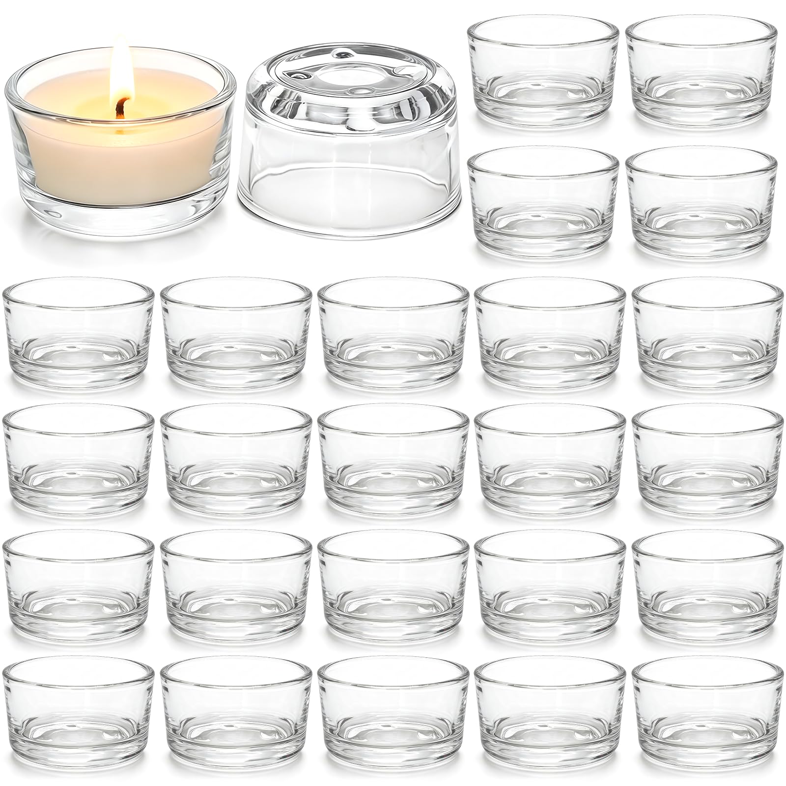 Zestaw 24 szklanek na świeczki typu tealight, Ø 4,5 cm x 2,5 cm wysokości, przezroczyste świeczniki szklane z 4-punktowym antypoślizgowym, do dekoracji domu, na wesela, imprezy i do domu
