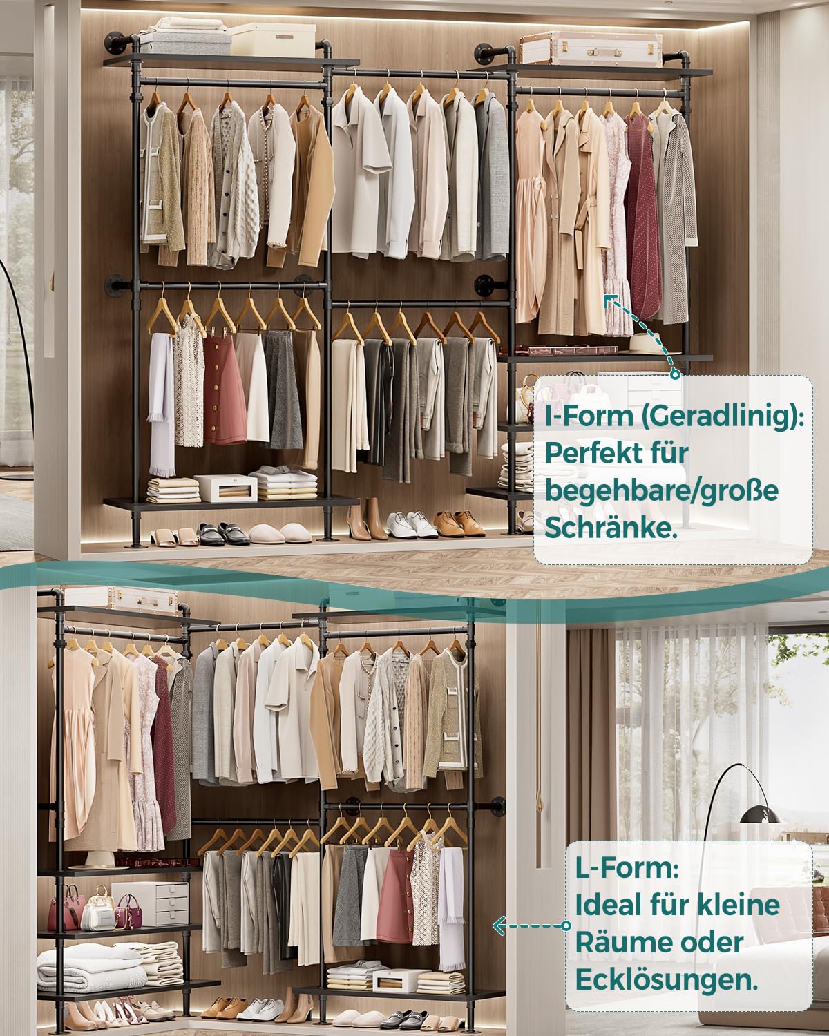 iSunirm Kleiderschrank System Offen – Teleskop Kleiderstange Schwerlast, Begehbarer Kleiderschrank, Flexibel als L-Form oder Gerade, Industrial Pipe Design für Schlafzimmer & Ankleidezimmer