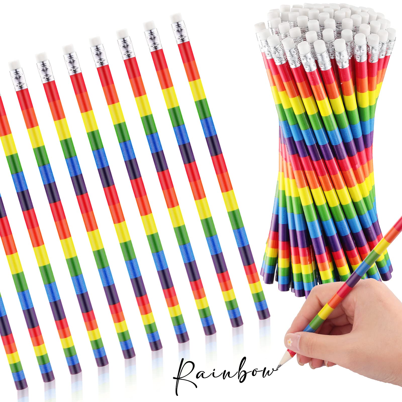 Teling Rainbow Striped Pencils HB Solid Wood Pencils for Kids Gift, Bulk Colorful Round Pride Pens with Top Erasers for Exams, School, Office, Lgbt Awareness Month(50 Pcs)