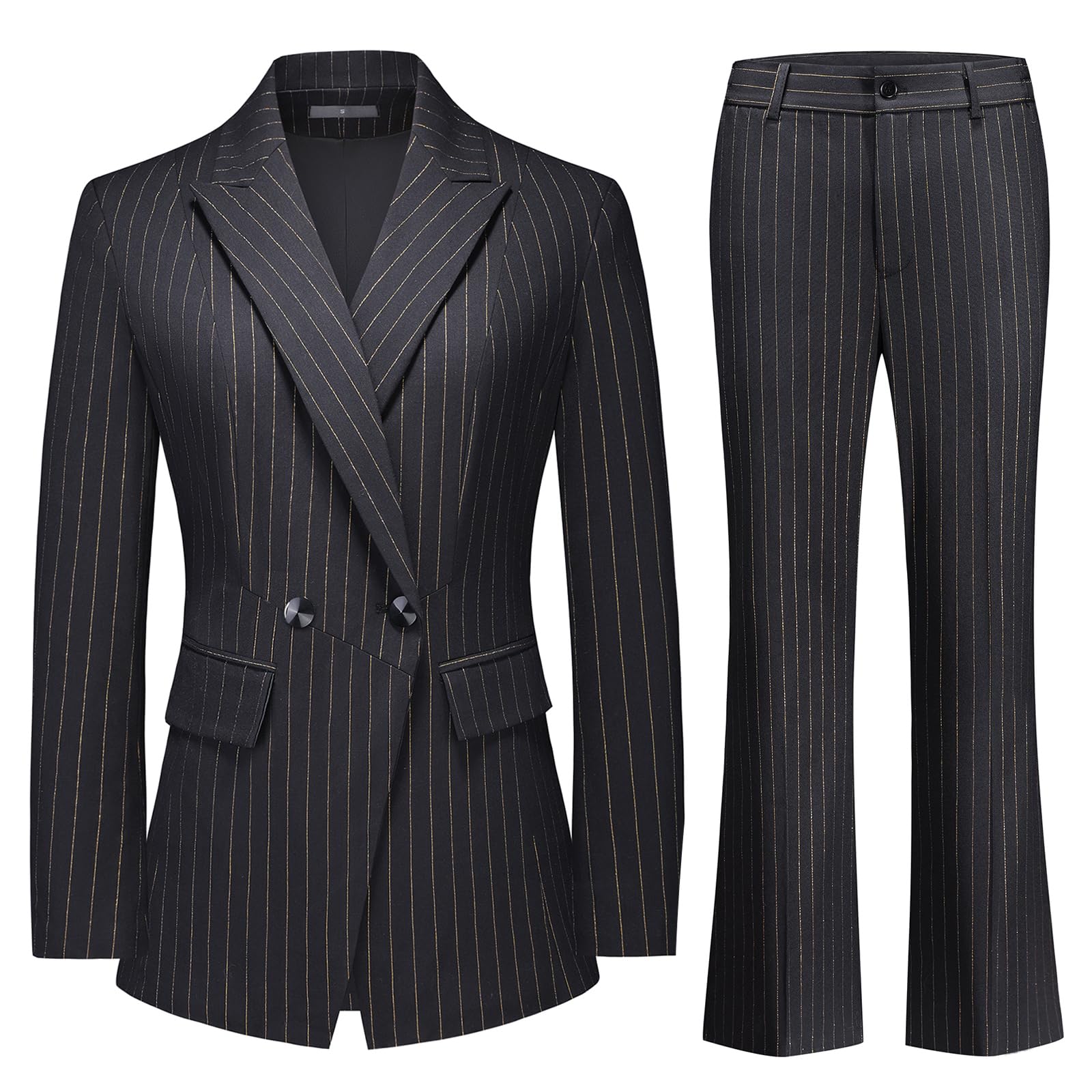 Lamgool Womens Pinstrip Suit Gold Lines 2 Pieces Slim Fit Business Blazer Flared Pants Set for Work