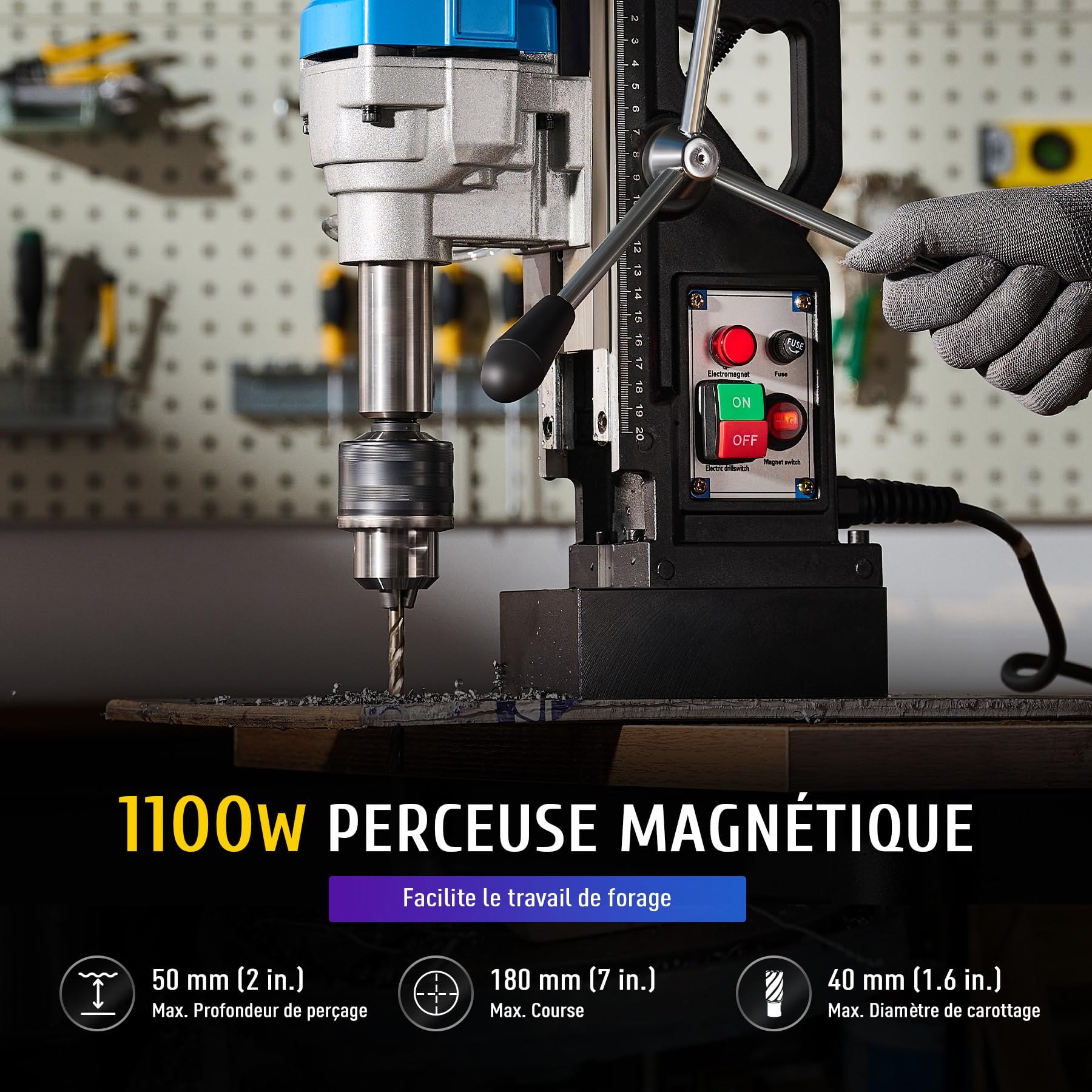 ZELCAN 1100W Perceuse Magnétique Portable Diamètre 40mm Profondeur 50mm Moteur en Cuivre Perceuse à Colonne Électrique 550 tr/min avec Base Électromagnétique 12000 N