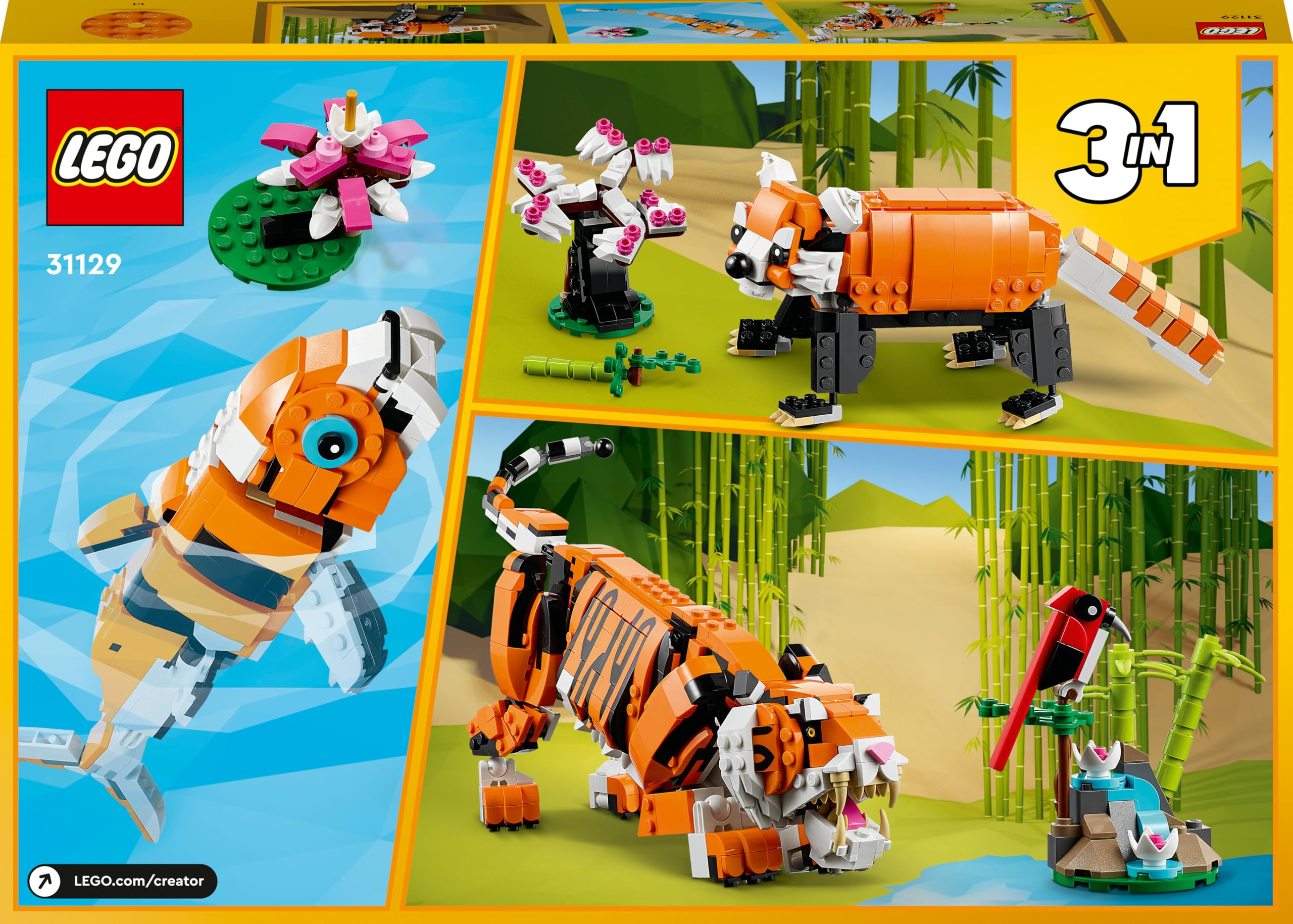 LEGO 31129 Creator Majestätischer Tiger, Panda oder Fisch, 3-in-1 Tierfiguren-Set, Spielzeug für Kinder, Jungen und Mädchen, Konstruktionsspielzeug mit Tieren