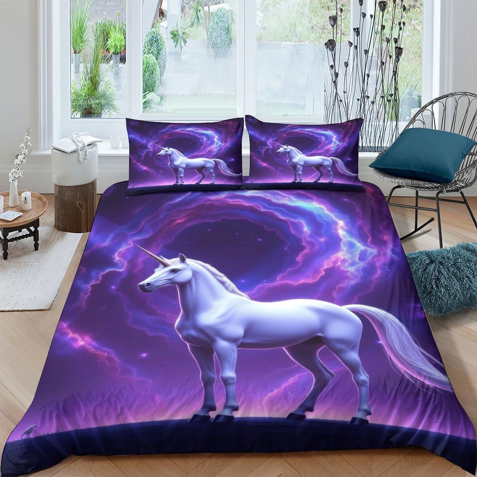 Ctjqhvkz Style-4 3D Printed Fantasy Unicorn Fitted Sheet Microfiber Purple Cosmic Nebula Mattress Cover For Bedroom Guest Room Decor Single（135X200cm）
