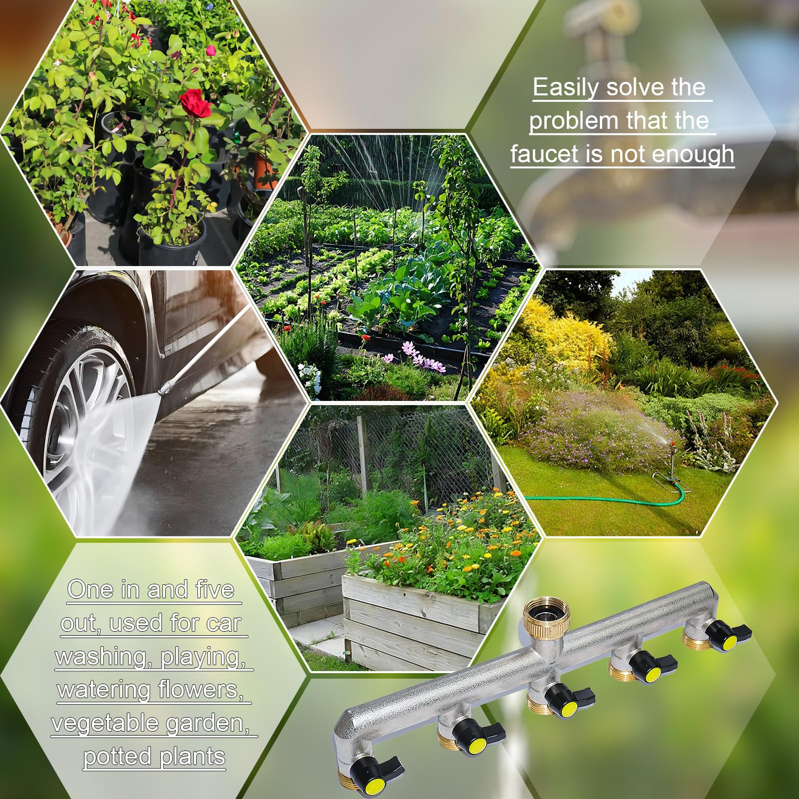 RoseFlower Divisor de Manguera de 5 Vías de Latón con Válvula Independientes, 3/4" Divisor de Manguera de Jardín - Bifurcador Grifo Jardin Distribuidor y Adaptador para jardinería, Riego doméstico