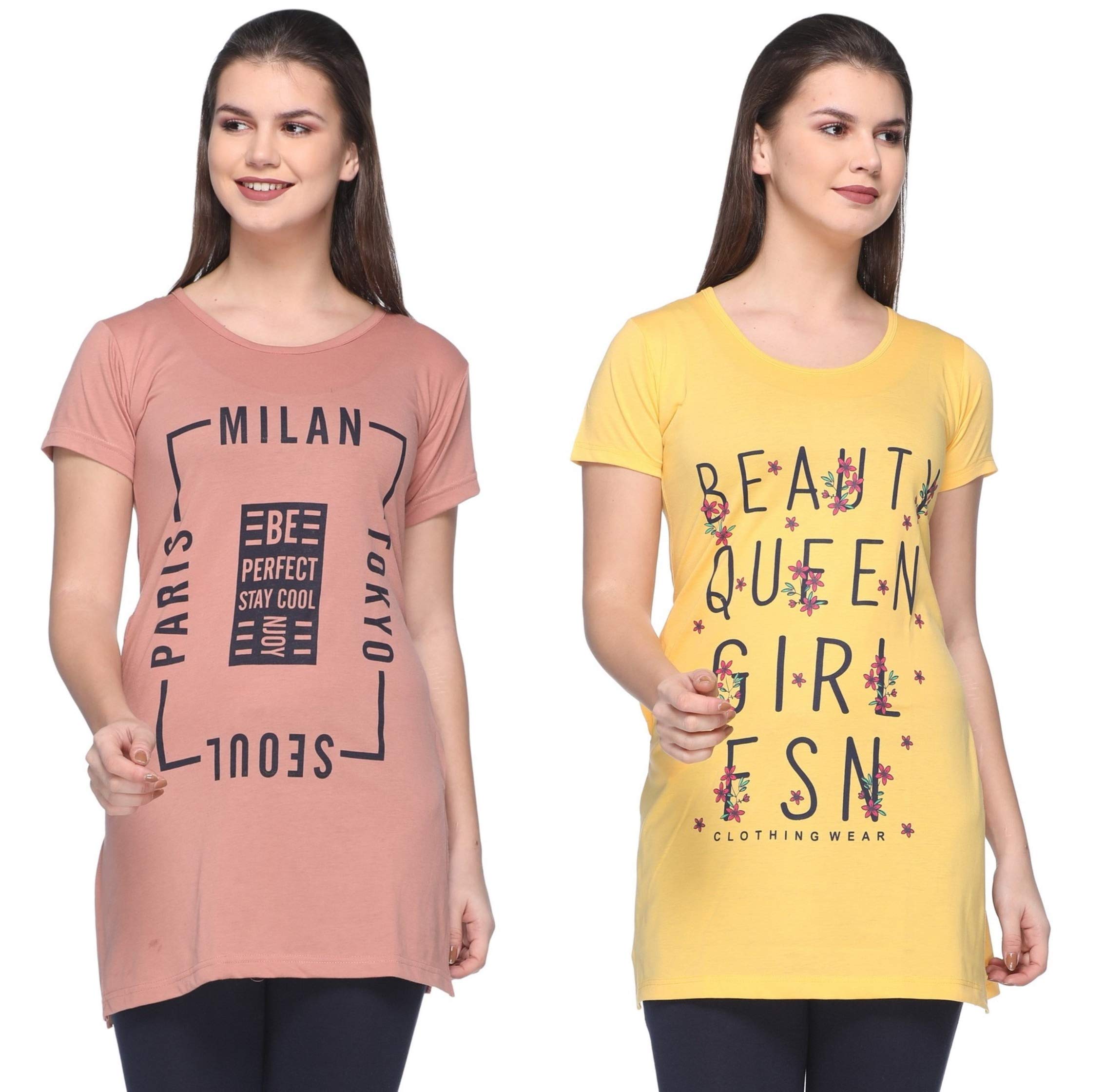 Women’s Plus Size Cotton Printed T-Shirt with Pocket – Combo Pack of 2