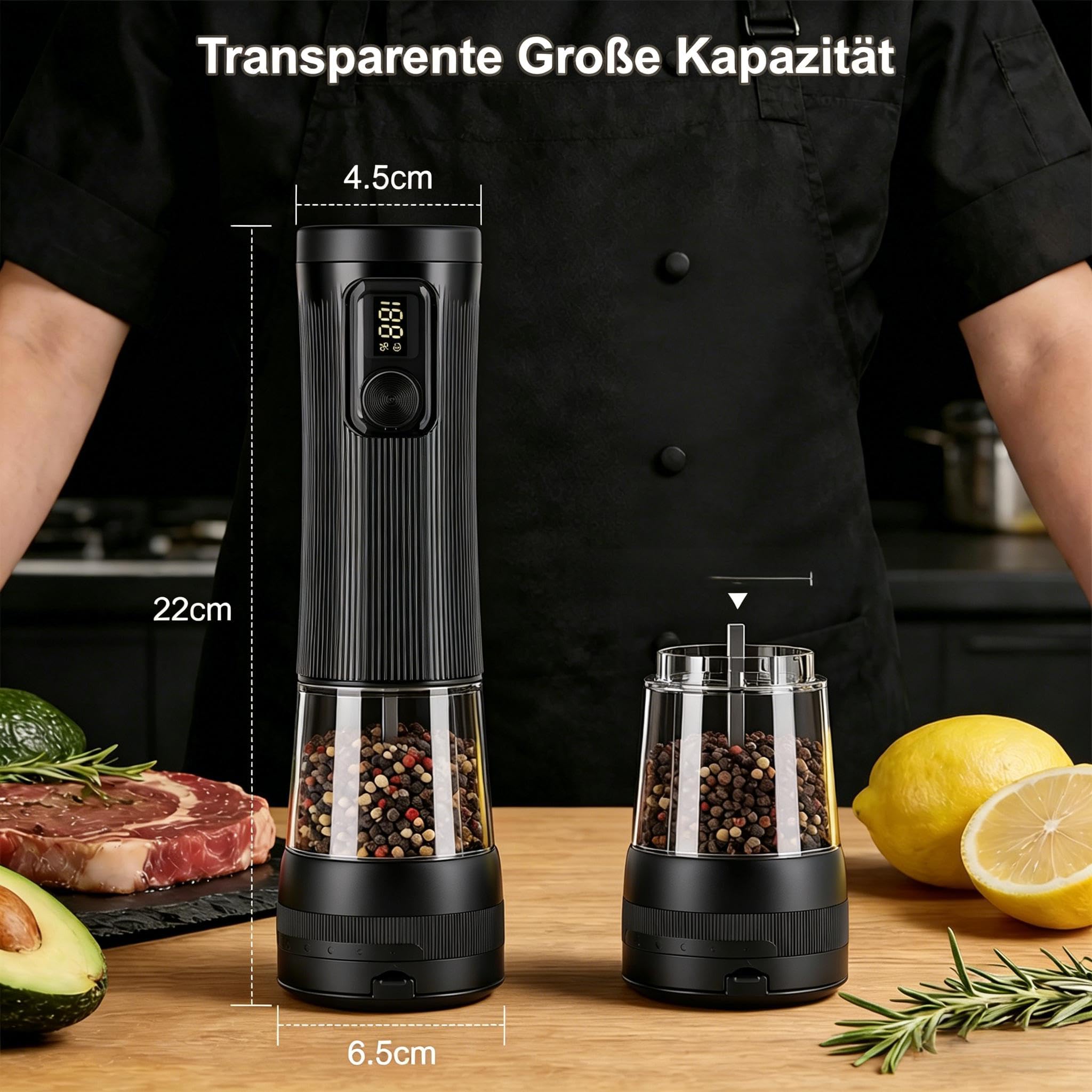 Elektrische Salz und Pfeffermühle Set mit USB Ladebasis,100ml Großes Fassungsvermögen,Elektrisch Gewürzmühle mit 5 Stufen & Keramik Mahlwerk,Geschenk für Kochenthusiasten