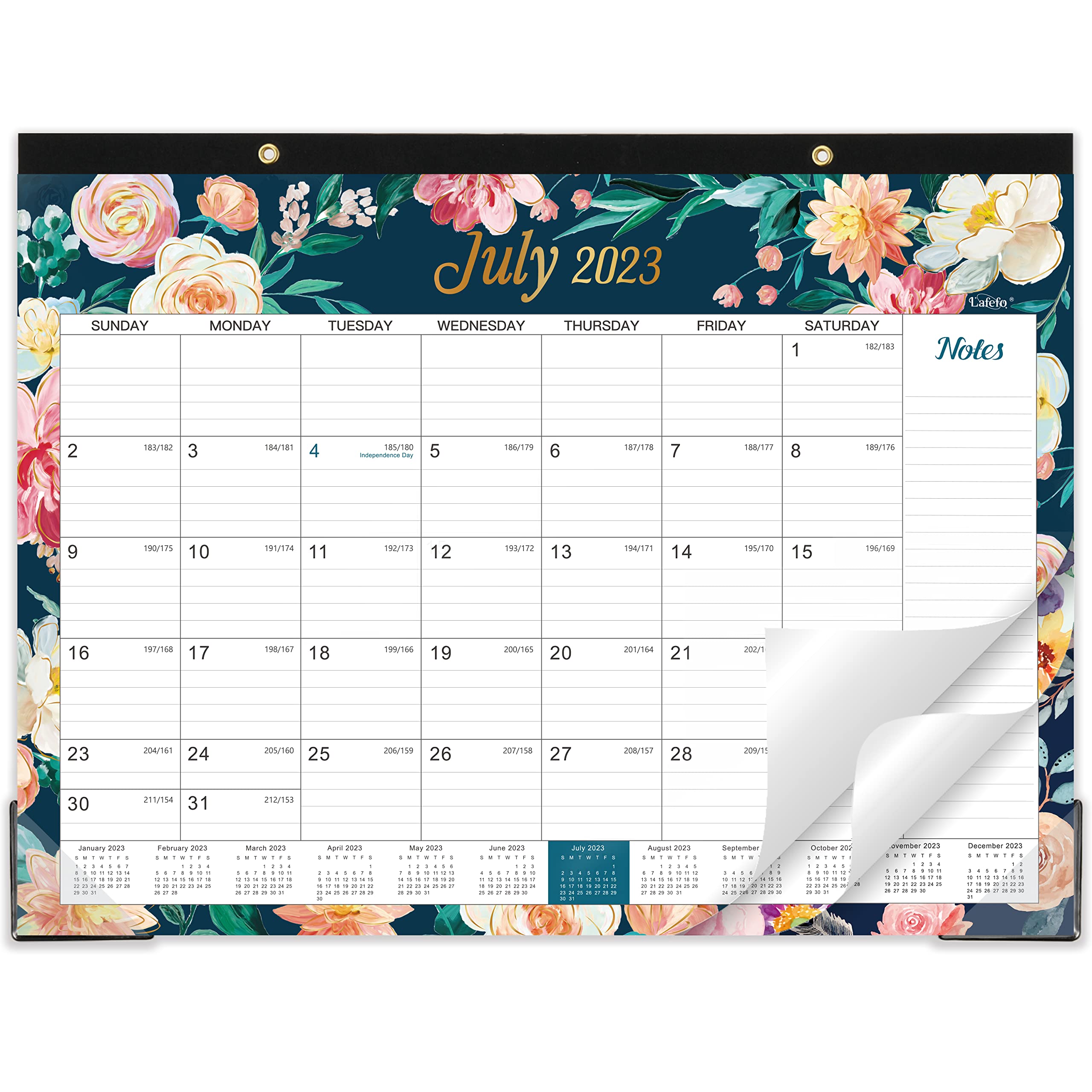 Desk Calendar 2023-2024 - Large Desk Calendar 2023-2024, Jul. 2023 - Dec. 2024, 22" x 17", 2023-2024 Desk Calendar with 18 Months, Large Ruled Blocks, Tear Off Design, 2 Corner Protectors & 2 Hanging Hooks - Navy Oil Painting Floral