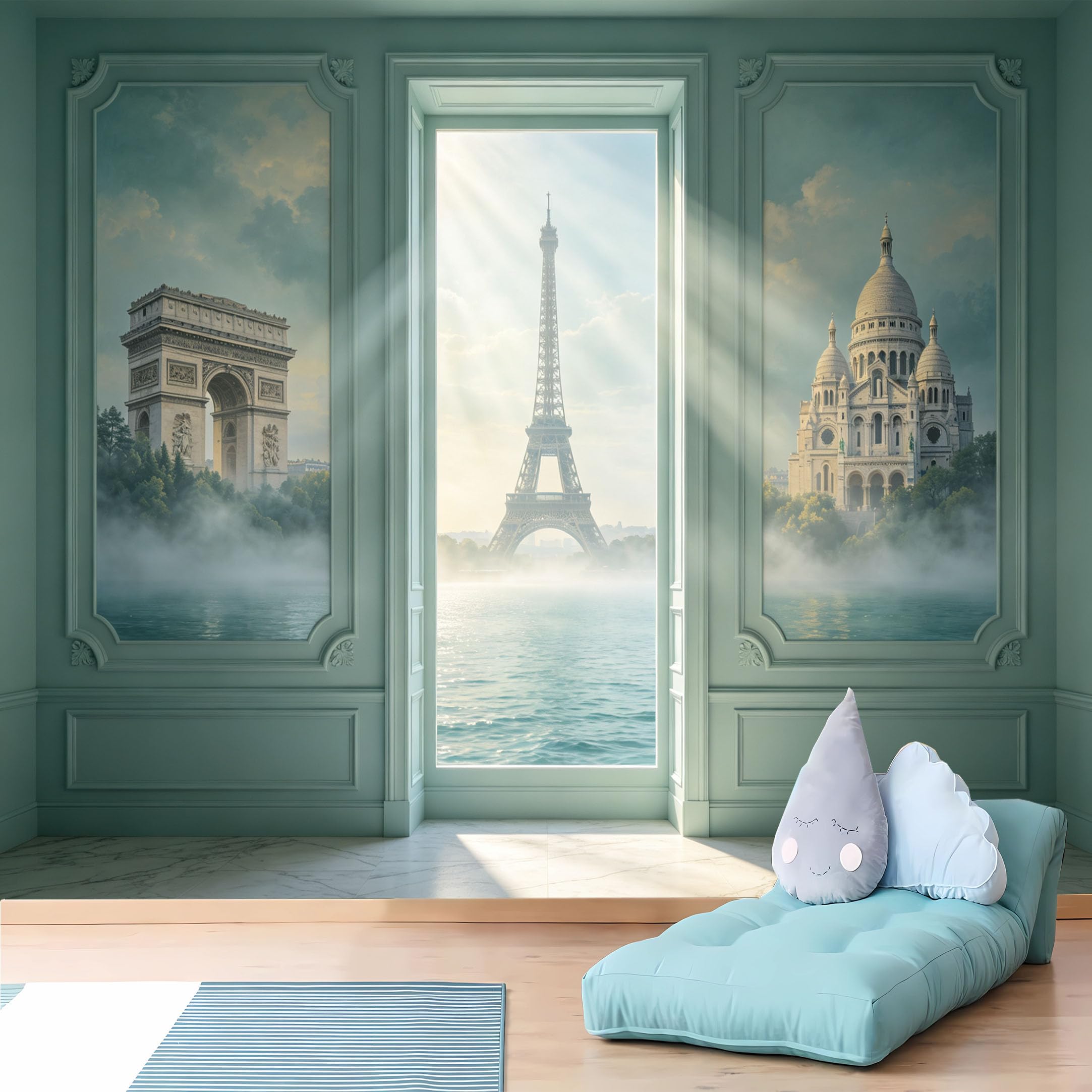 Custom Size Wall Murals,Paris Landmarks Eiffel Tower View from Pastel Arched Windows Wall Murals,Large Photo Wallpaper,Self-Adhesive Removable Wallpaper for Living Room