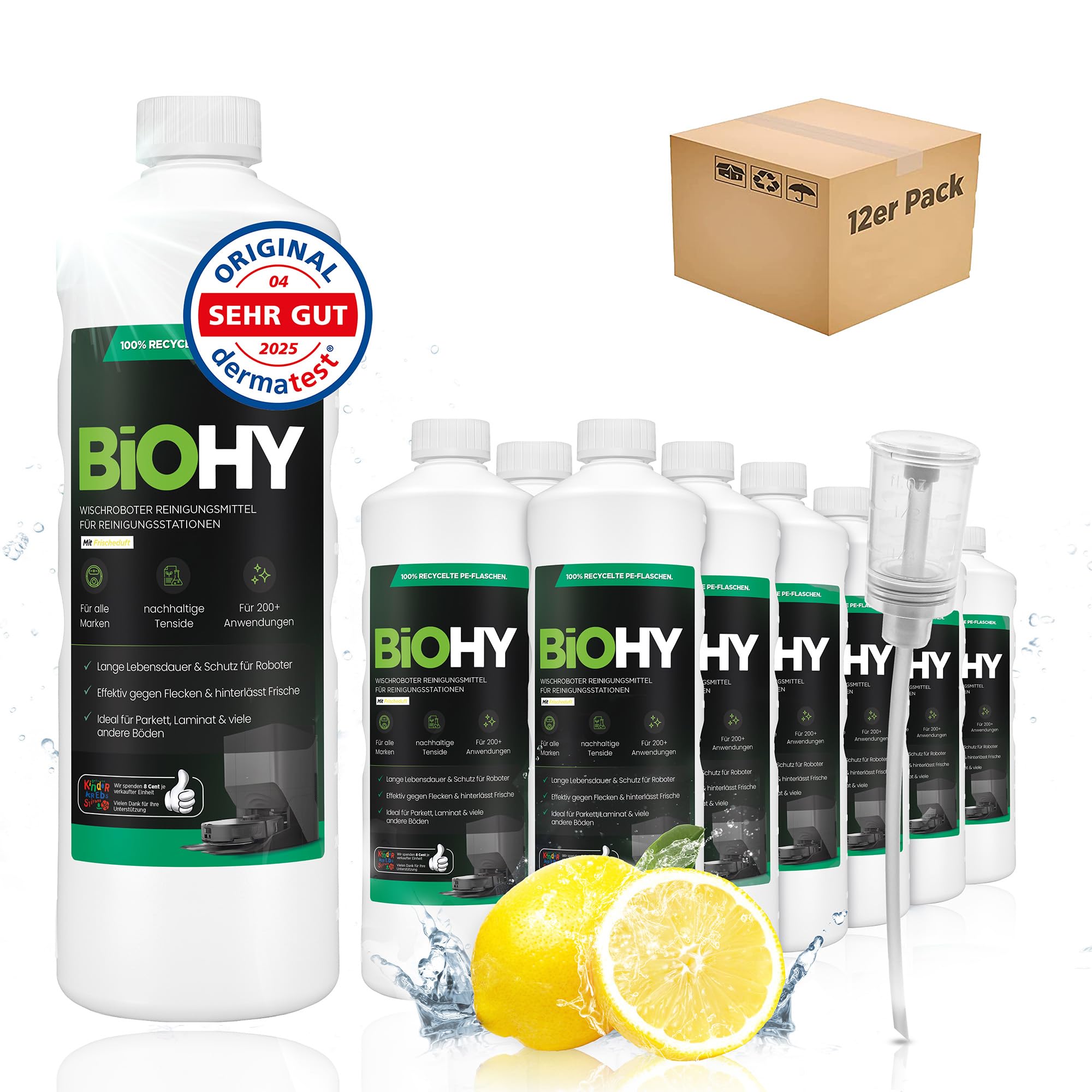 BiOHY Limpiador de robots aspiradores (12 botellas de 1 litro) + Dosificador | Especialmente desarrollado para estaciones de limpieza | Prolonga la vida útil de la estación de succión (Wischroboter