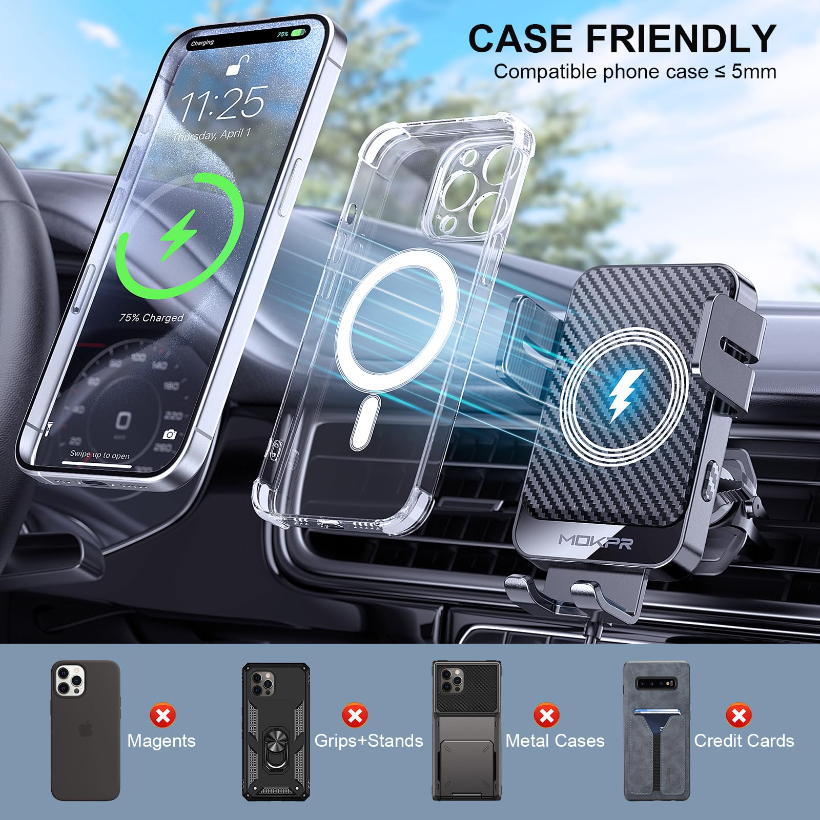 MOKPR Soporte para teléfono móvil de 15 W con función de carga, [270° de sujeción automática], estación de carga inductiva para coche inalámbrico para iPhone 16/15/14/13/12 y Samsung S25/S24/S23