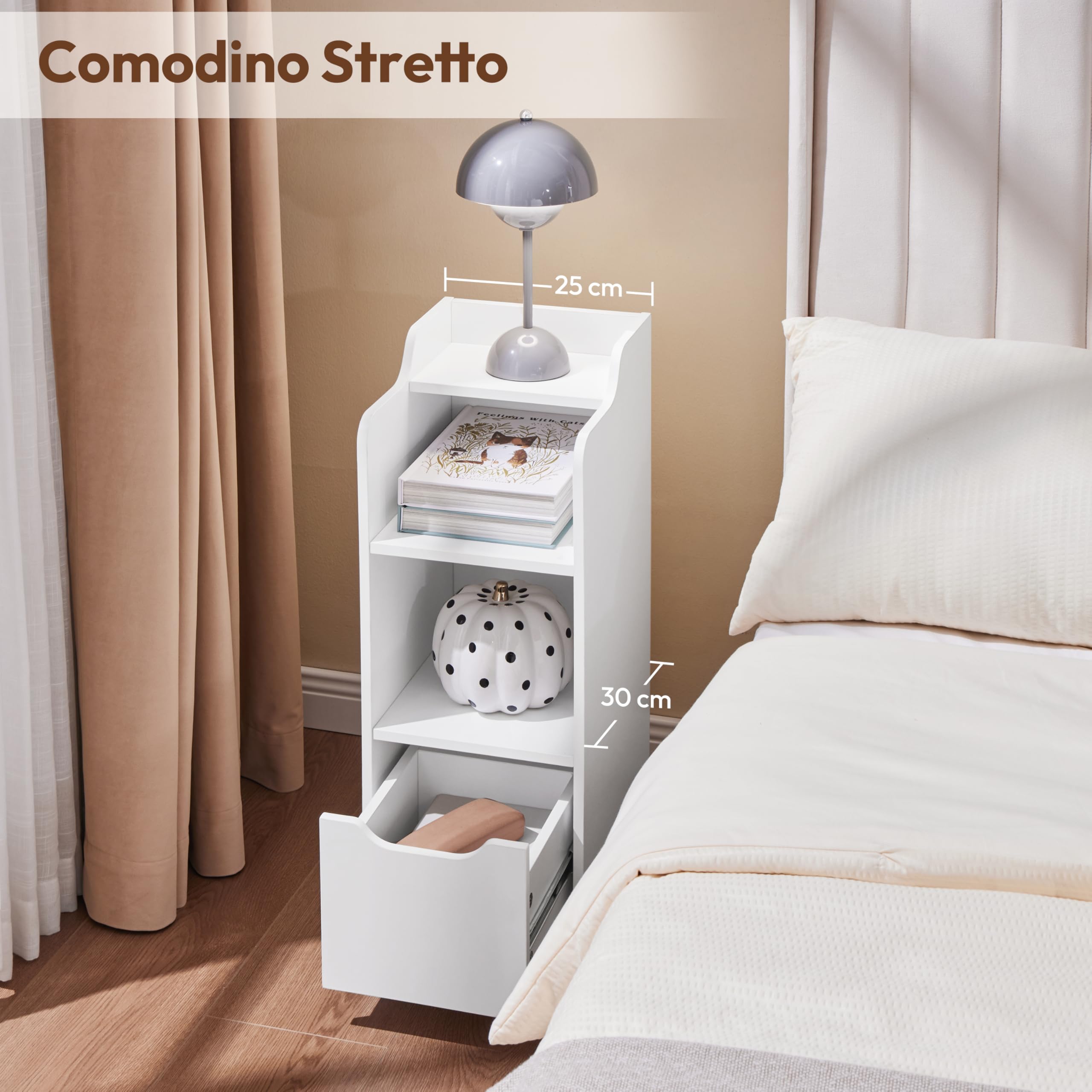 Yaheetech Comodino Stretto, Comodino con Cassetto, 2 Scomparti Apert e Ripiano Superiore, Tavolino da Notte Salvaspazio per Camera da Letto, Soggiorno, Bianco 25 x 35 x 65 cm