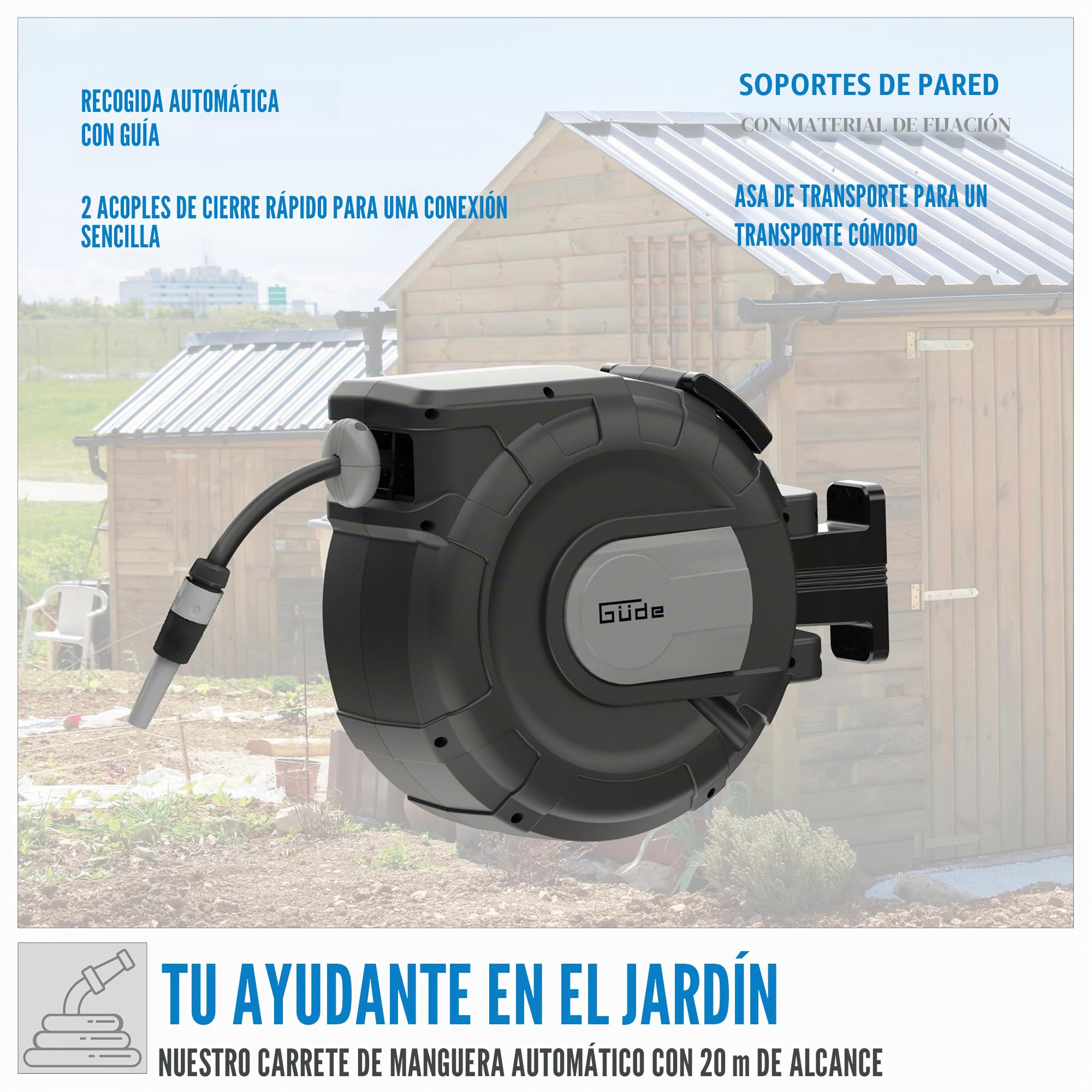 Güde Carrete de manguera automático 20-2-2 1/2 (para montaje en pared, giratorio 180°, manguera de 20 m, pulverización de agua, soporte de pared, sistema de extracción automática, cierre de