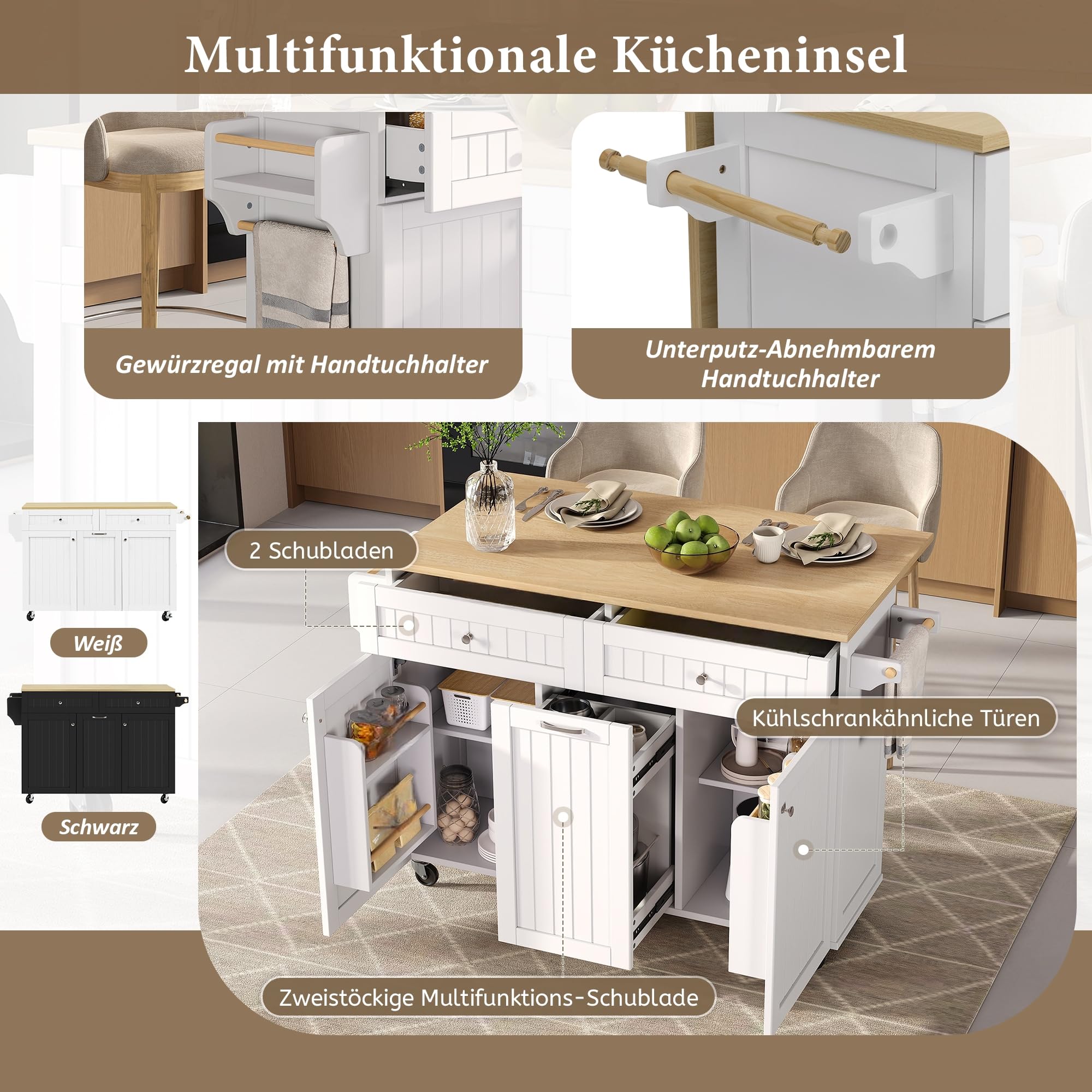 Mobile Kücheninsel Küchenschrank mit Klappbare Arbeitsplatte und Schubladen, Buffetschrank Küchenwagen mit Rollen und Regal, Küchenbuffet, Küchenmöbel, Schrank Weiß, 139.5x40-70x92 cm