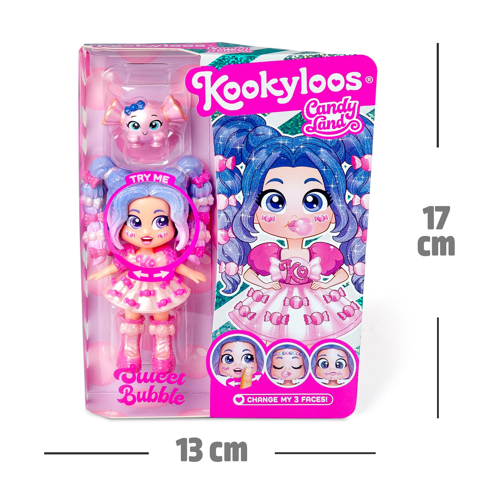KOOKYLOOS Candy Land Series SWEET BUBBLE – laleczka do kolekcjonowania z serii Candy Land, zawartość: 1 lalka, zestaw ubrań i butów, akcesorium oraz zwierzątko,1 lalka ma 3 różne buzie!