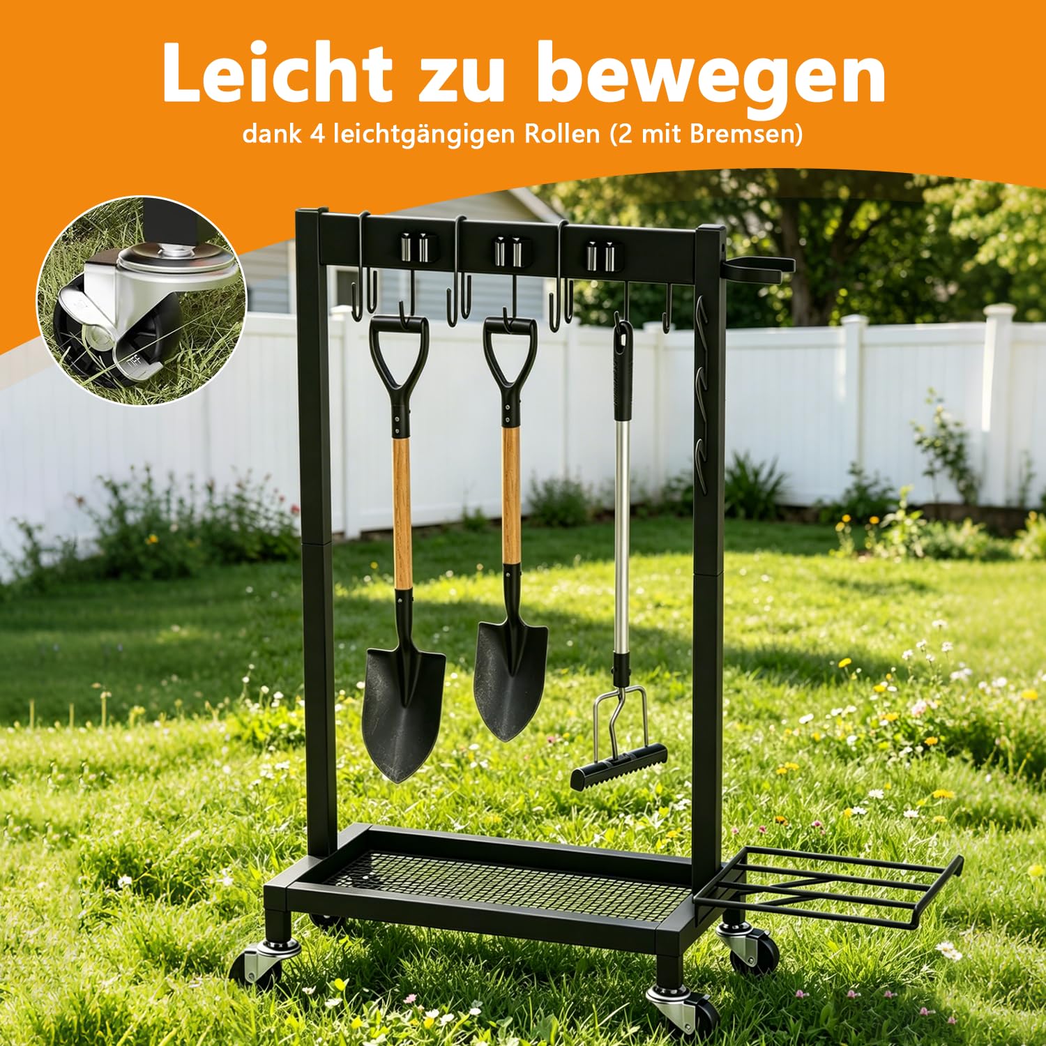 Besenhalter mit Ablage für Reinigungsutensilien, Besenhalter auf Rollen, Halter für Besen und Mopps, Reinigungswagen mit 6 Mopp-Haken, inklusive 3 Doppelhaken, Tragkraft 68 kg