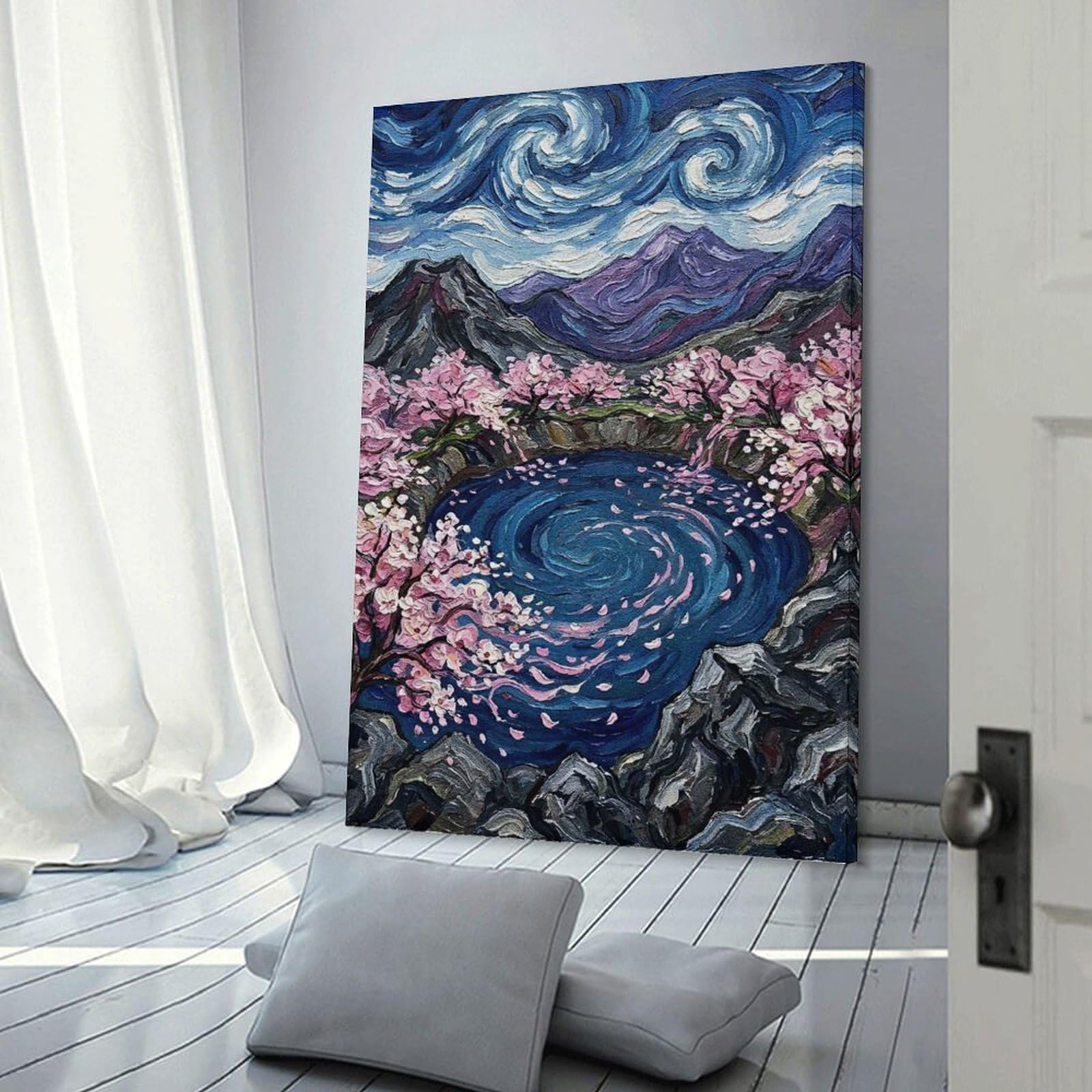 Junmoney Home Decor Wall Art Cherry Blossom Pond Impressionistic Painting, 24x36inch(60x90cm), for New Homes, Bedrooms Or Workspaces, Decorative Present for New Homes