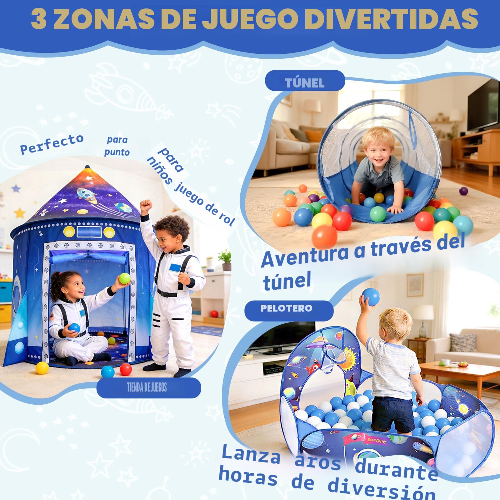 Cohete 3 en 1 Carpa de Juego con Túnel y Piscina de Pelotas para Niños Playhouse Plegable para Interior Exterior - Juguete Espacial Bebés y Niños - Cumpleaños Navidad Fiestas Infantiles Tienda Rocket