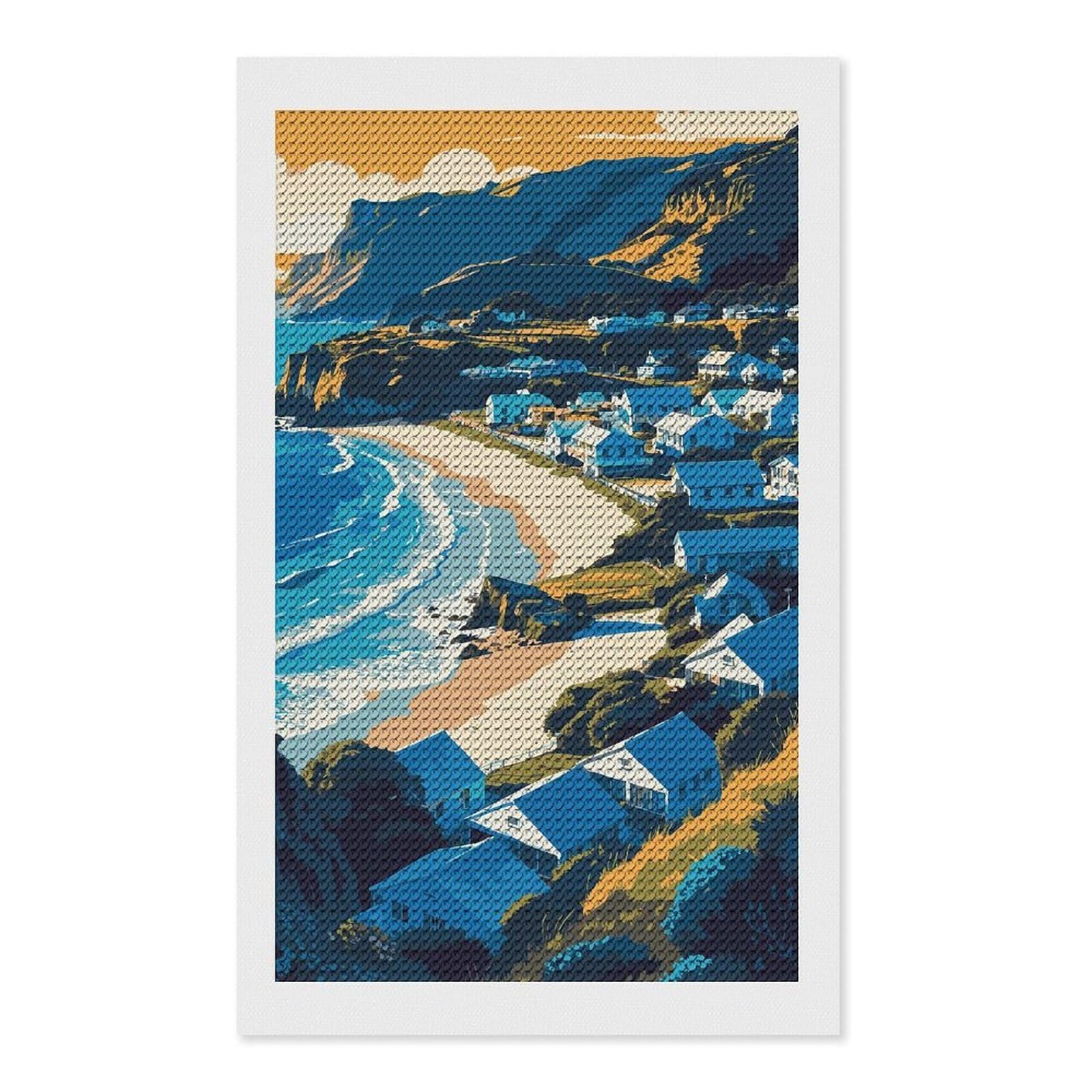 Junmoney Coastal Village Landscape Illustration Diamond Painting Canvas Set 12"x20", Satisfying Creative Project, Easy to Follow Symbols, Fun Craft Experience