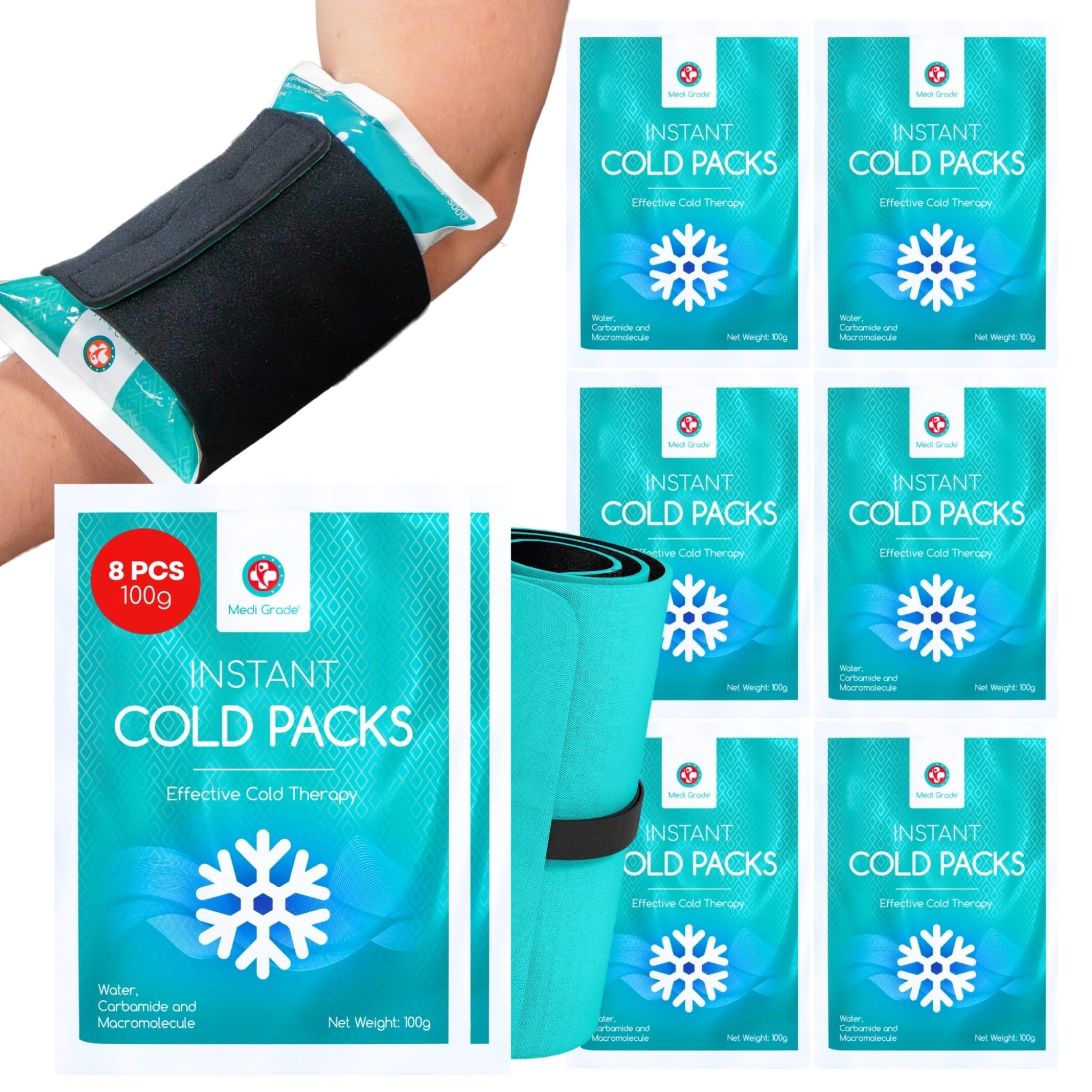 Medi Grade Kühlpacks zum Knicken, 8 St., 100 g (11,43 x 15,24 cm) - Sofort Kältekompresse, Kein Gefrierschrank Erforderlich – Einmal Kühlpacks für Verletzungen, Knöchel, Knie mit Stabilisierungsband