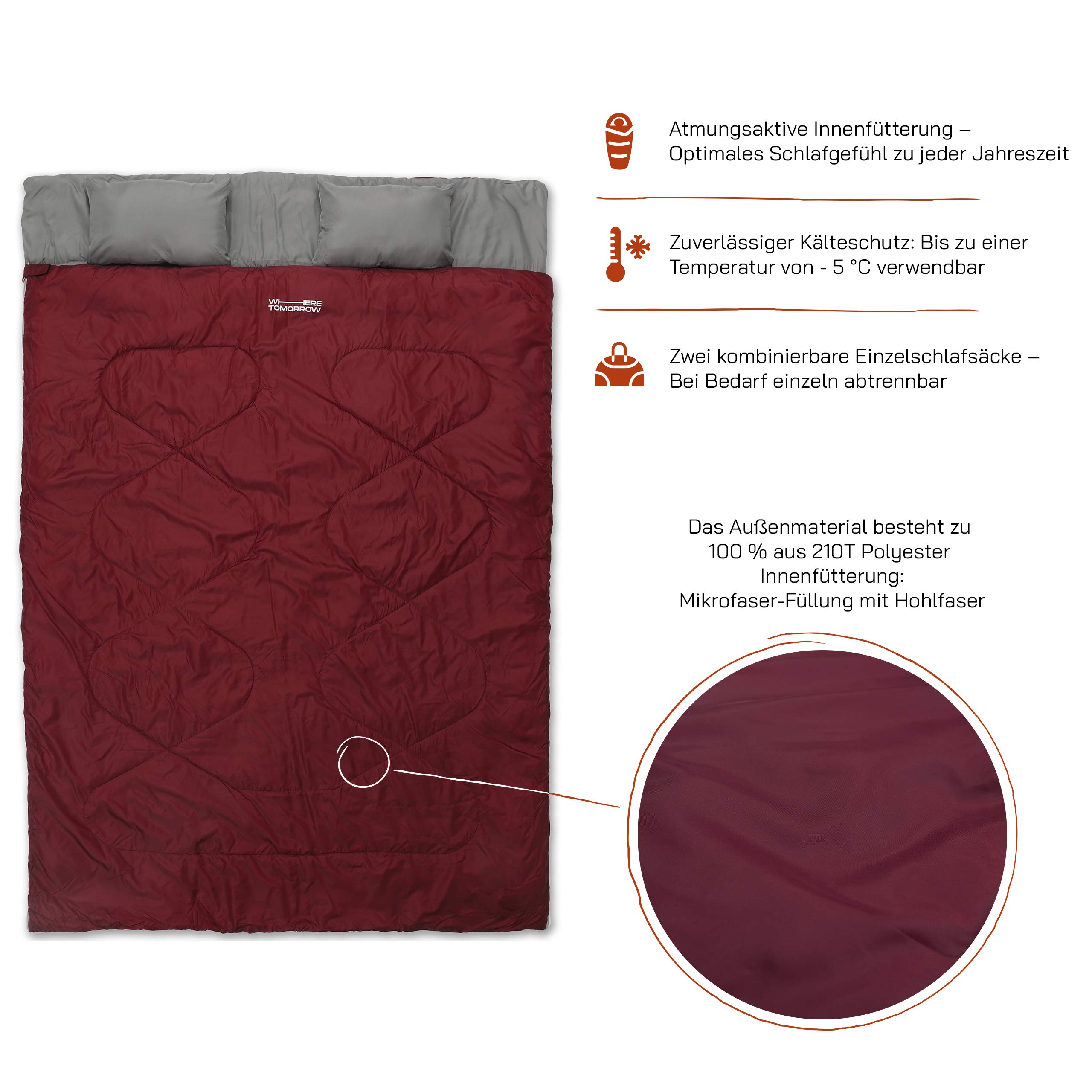 Where Tomorrow Doppelschlafsack 190 x 150 cm 2-Personen Schlafsack wasserabweisend atmungsaktiv 300 g/m² Camping Outdoor
