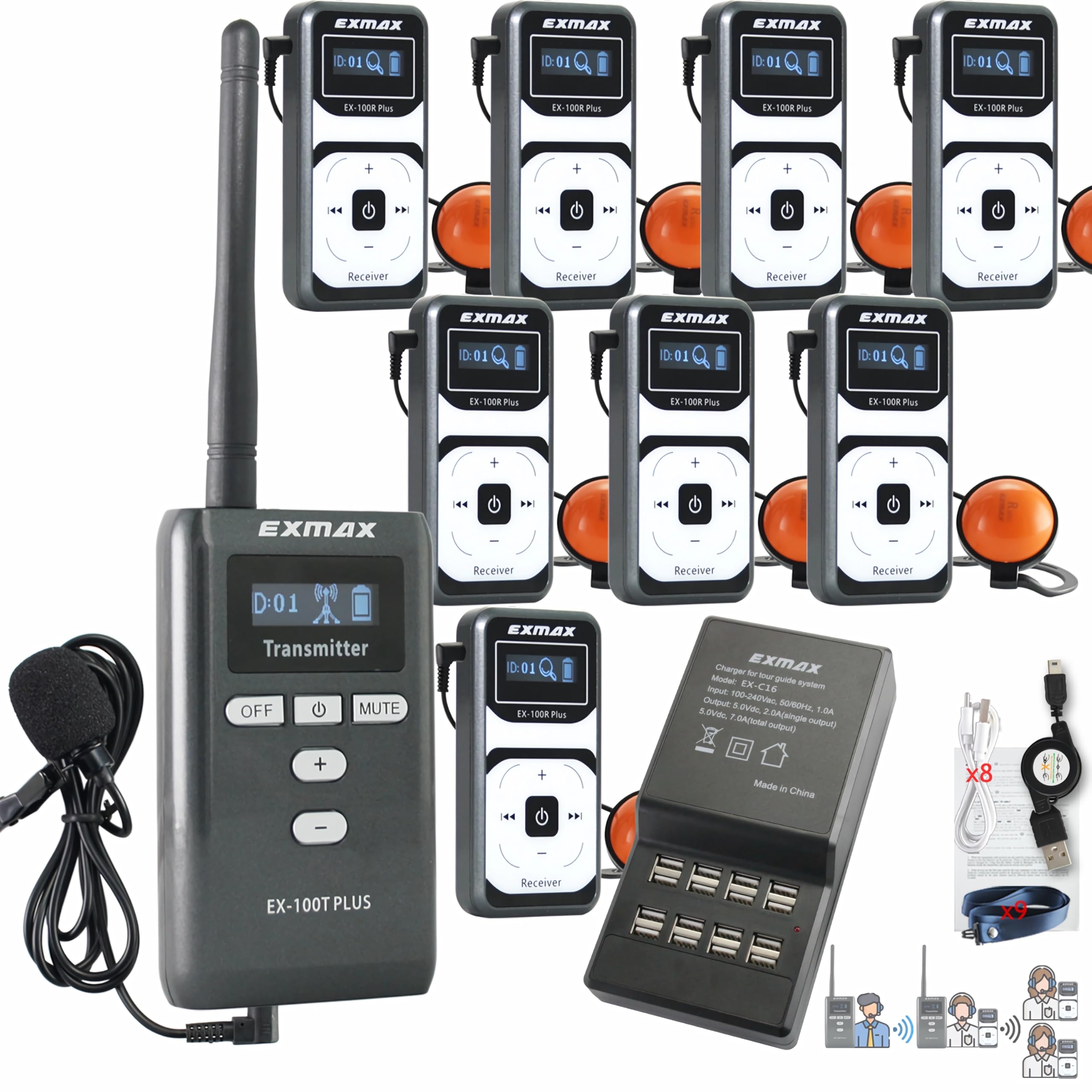EXMAX EX-100 Plus 72MHz Wireless Voice Tour Guide System Headset Mic for Church Translation Tour Exhibit Guide Audio Visual Laboratory Museum Tour(1 Transmitter 8 Receivers 16-Socket Charger)