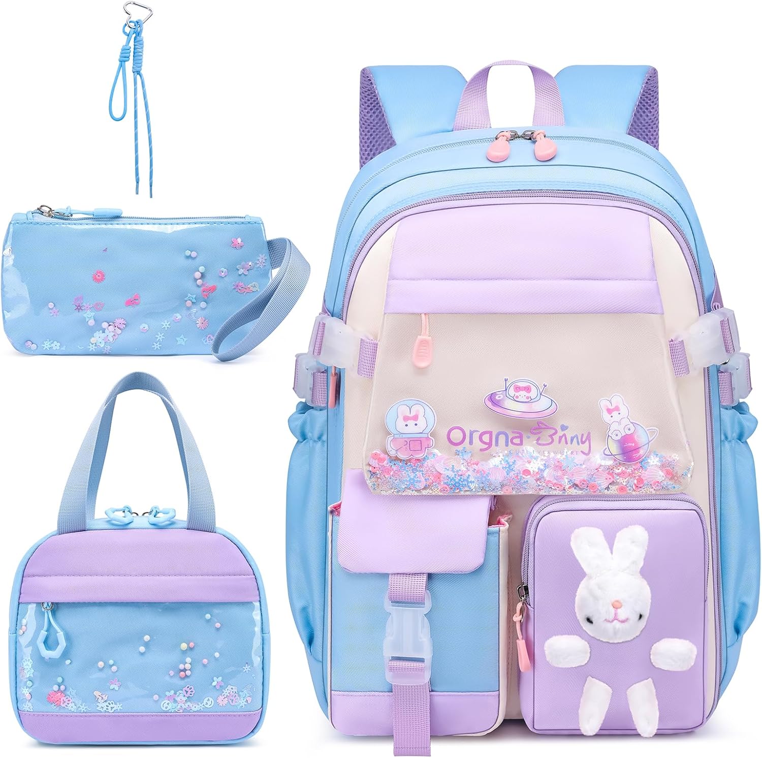 WYCY Kids Backpack for Girls - Cute Quicksand School Bag Large Capacity Kawaii Bunny School Backpack with Insulated Lunch Bag & Pencil Case, Blue