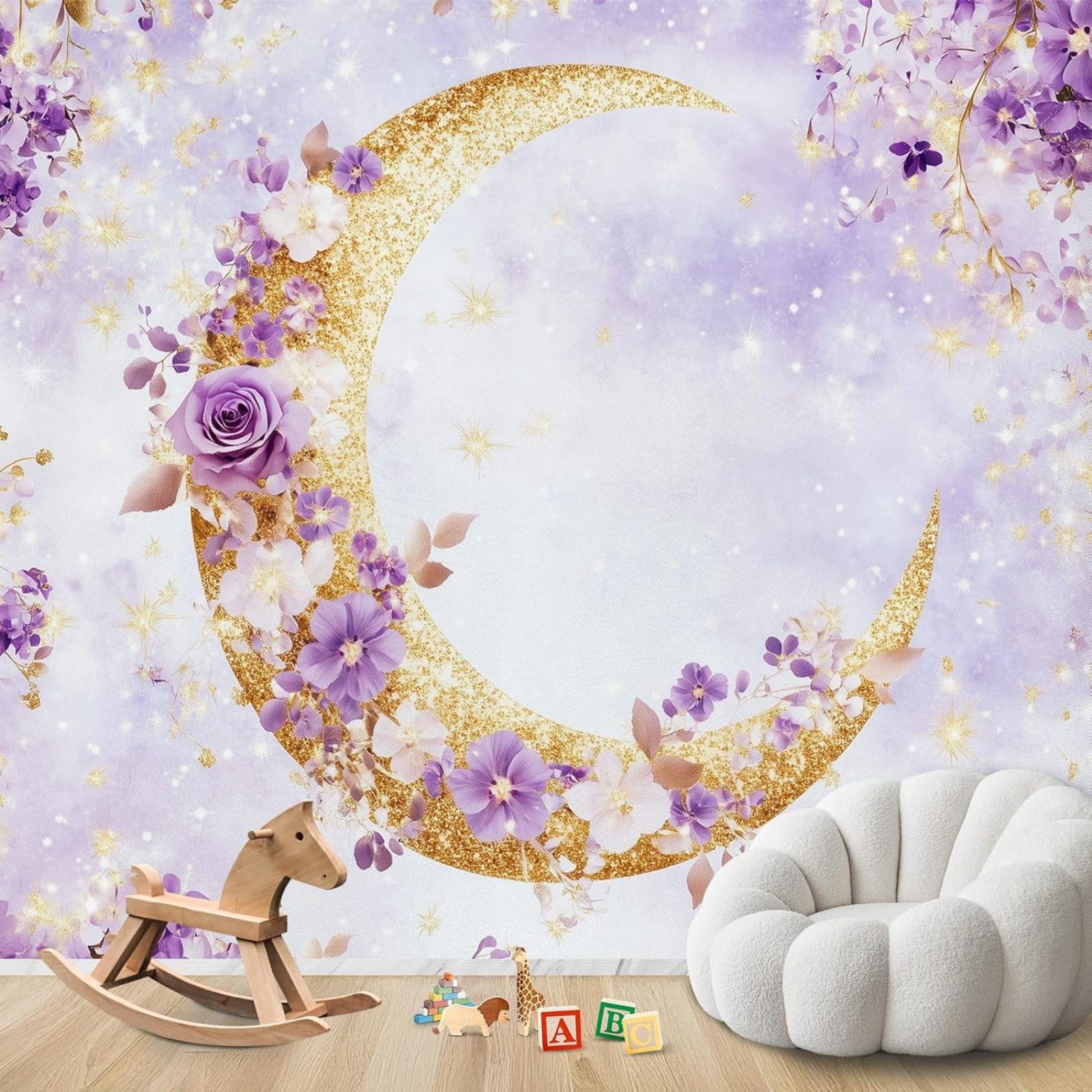 hgjdjhnf Photo Wallpaper Moon and Flowers Purple Gold Fairytale Non-Woven Modern Living Room Bedroom Children's Room Wall Decoration Motif Wallpaper,200cmx140cm Stickers - Frameless Painting - Poster